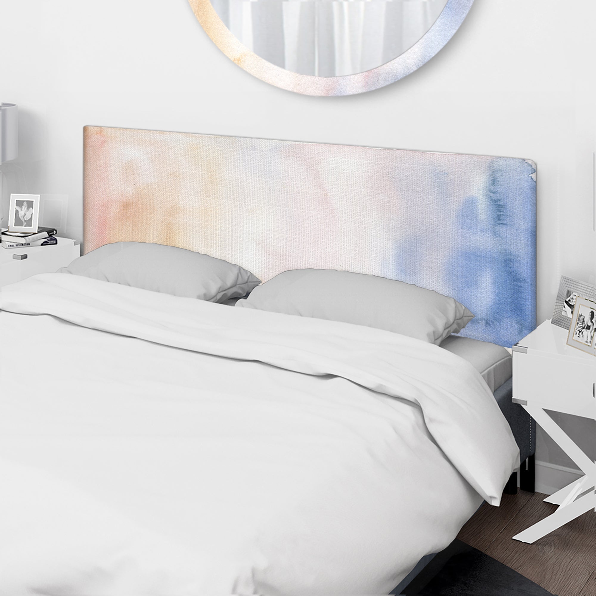 Pastel Abstract With Dark Blue Pink & Beige Spots upholstered headboard