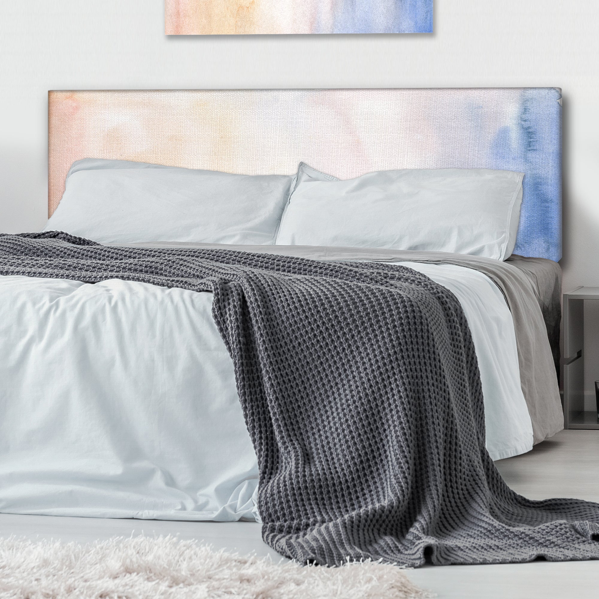 Pastel Abstract With Dark Blue Pink & Beige Spots upholstered headboard