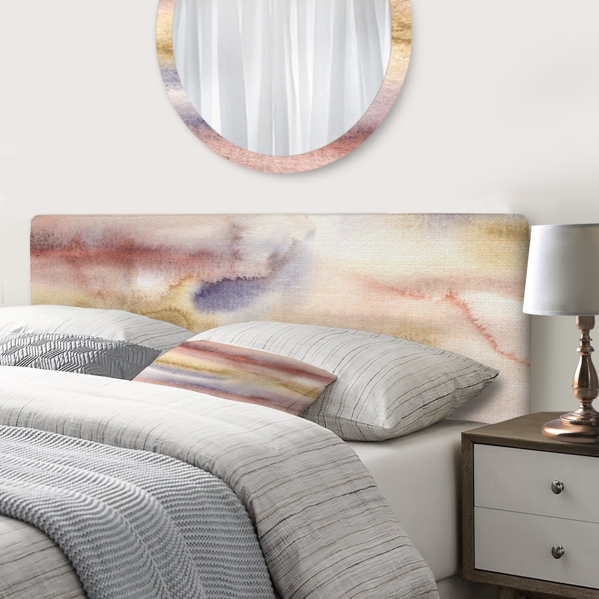 Pastel Abstract With Dark Blue Pink & Yellow Spots upholstered headboard