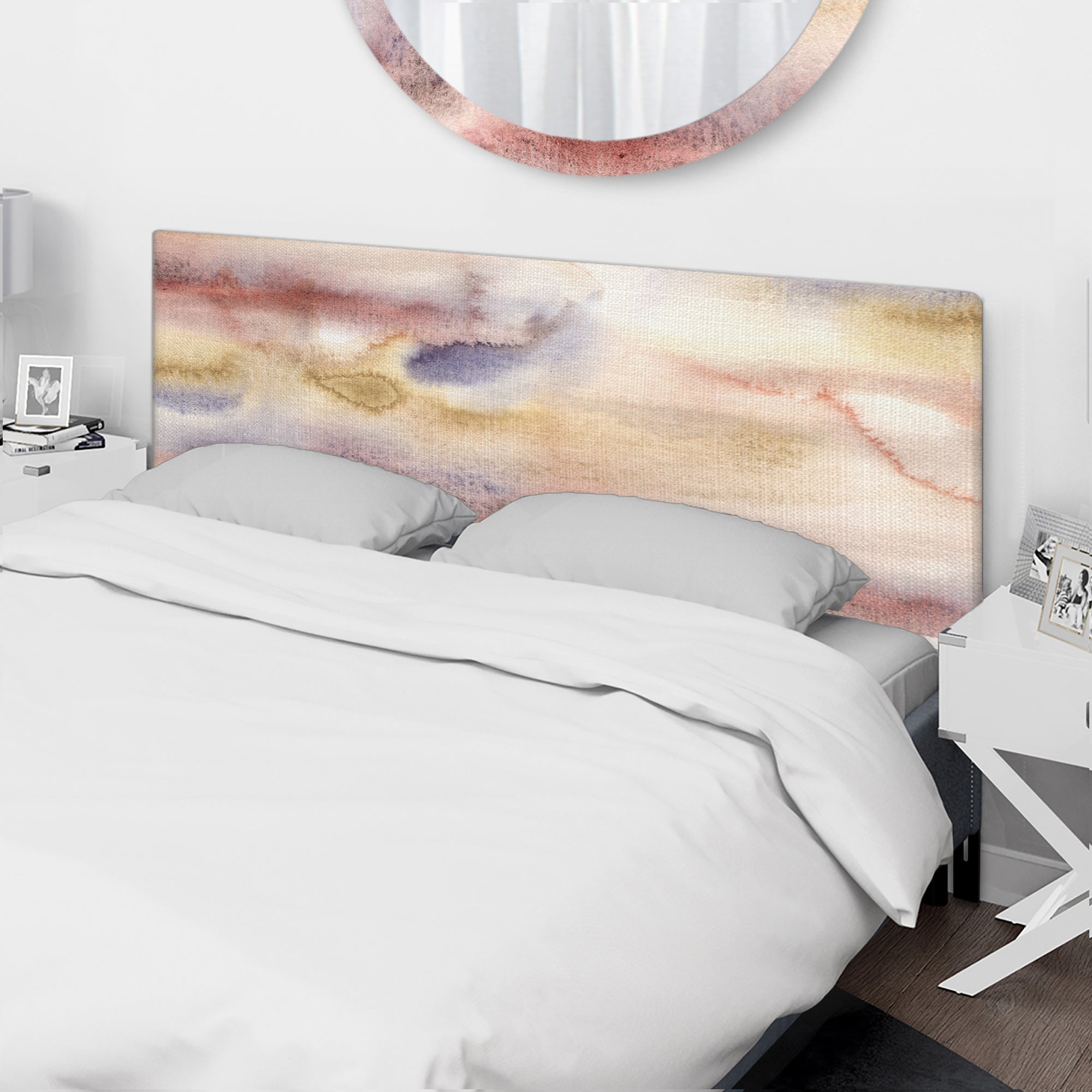 Pastel Abstract With Dark Blue Pink & Yellow Spots upholstered headboard