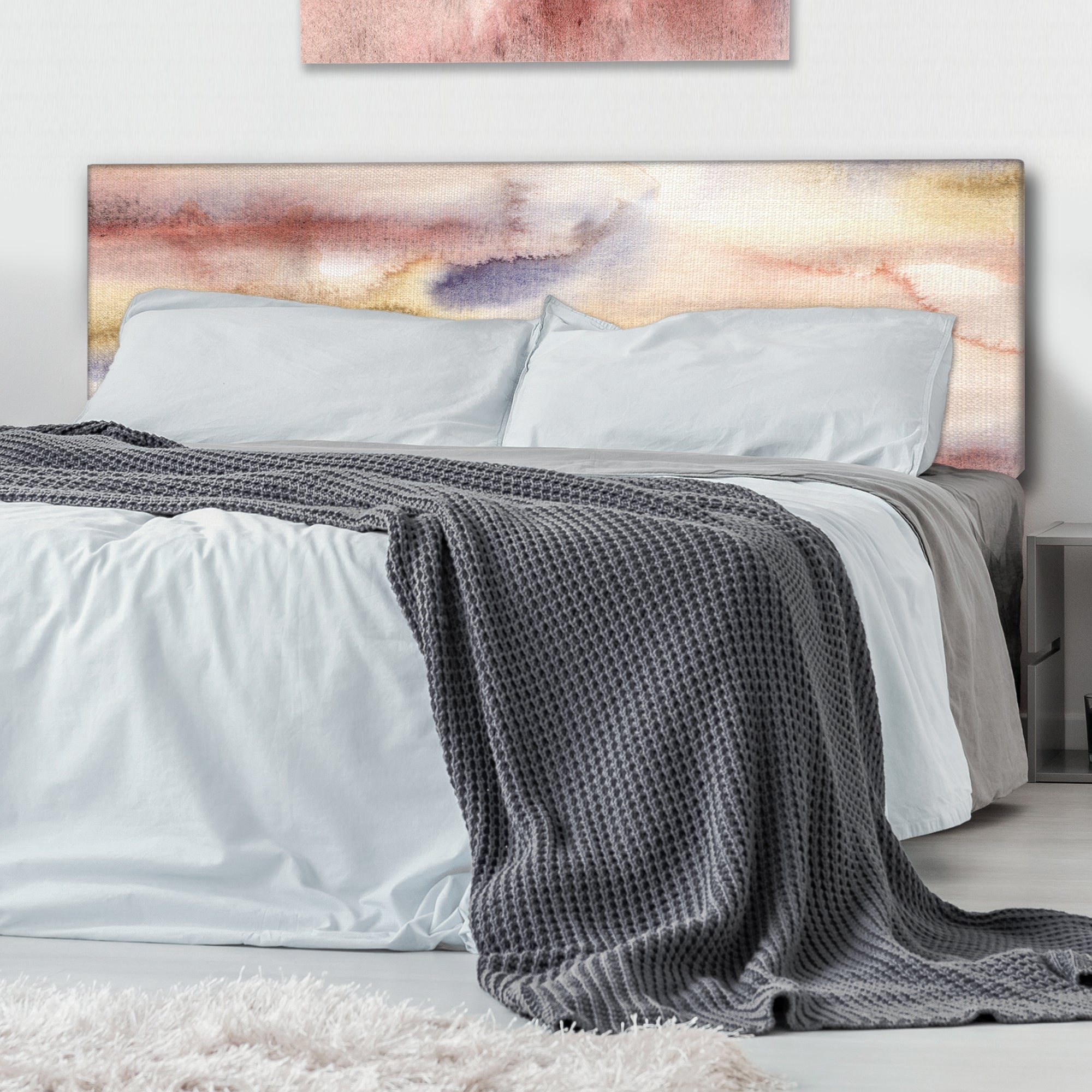 Pastel Abstract With Dark Blue Pink & Yellow Spots upholstered headboard