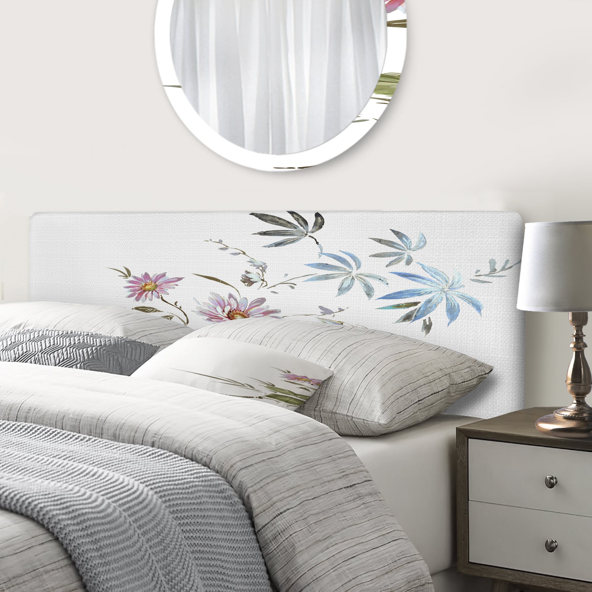 Blue and Pink Wildflowers I upholstered headboard