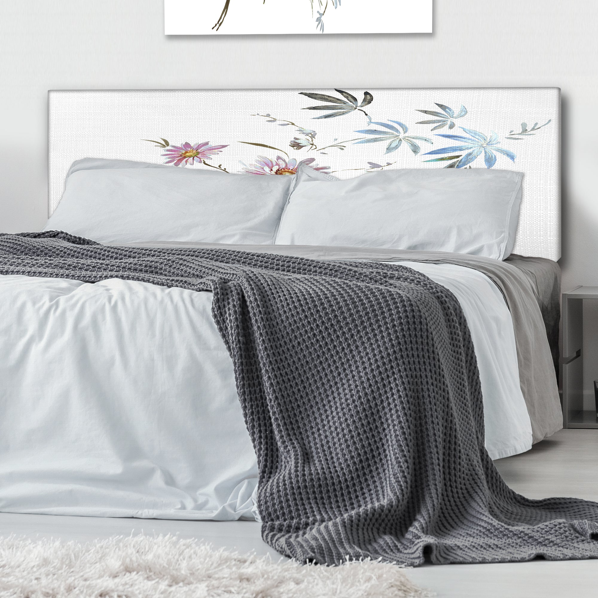 Blue and Pink Wildflowers I upholstered headboard