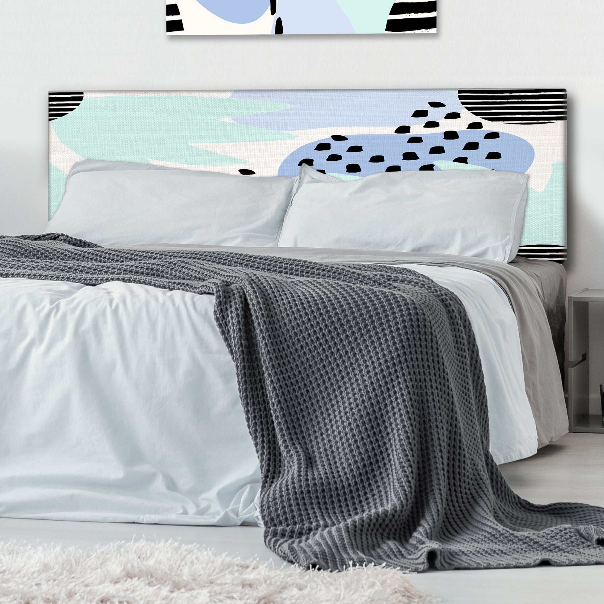 Pastel Blue Abstract Shapes With Black Polka Dots upholstered headboard
