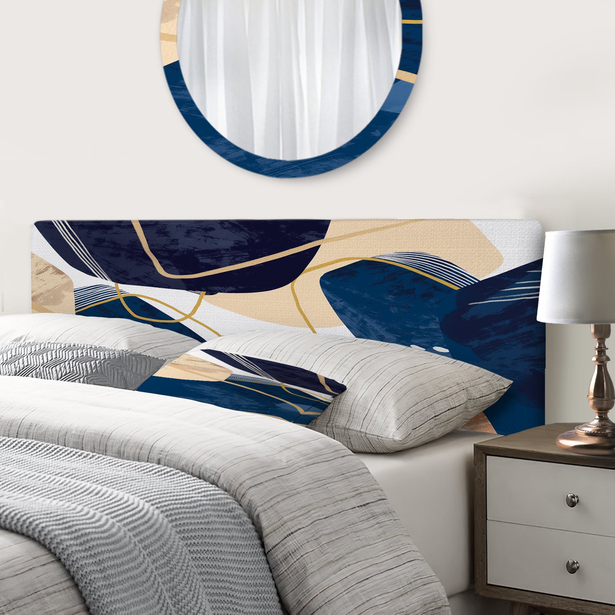 Minimalistic Blue & Earth Tone Organic Shapes II upholstered headboard