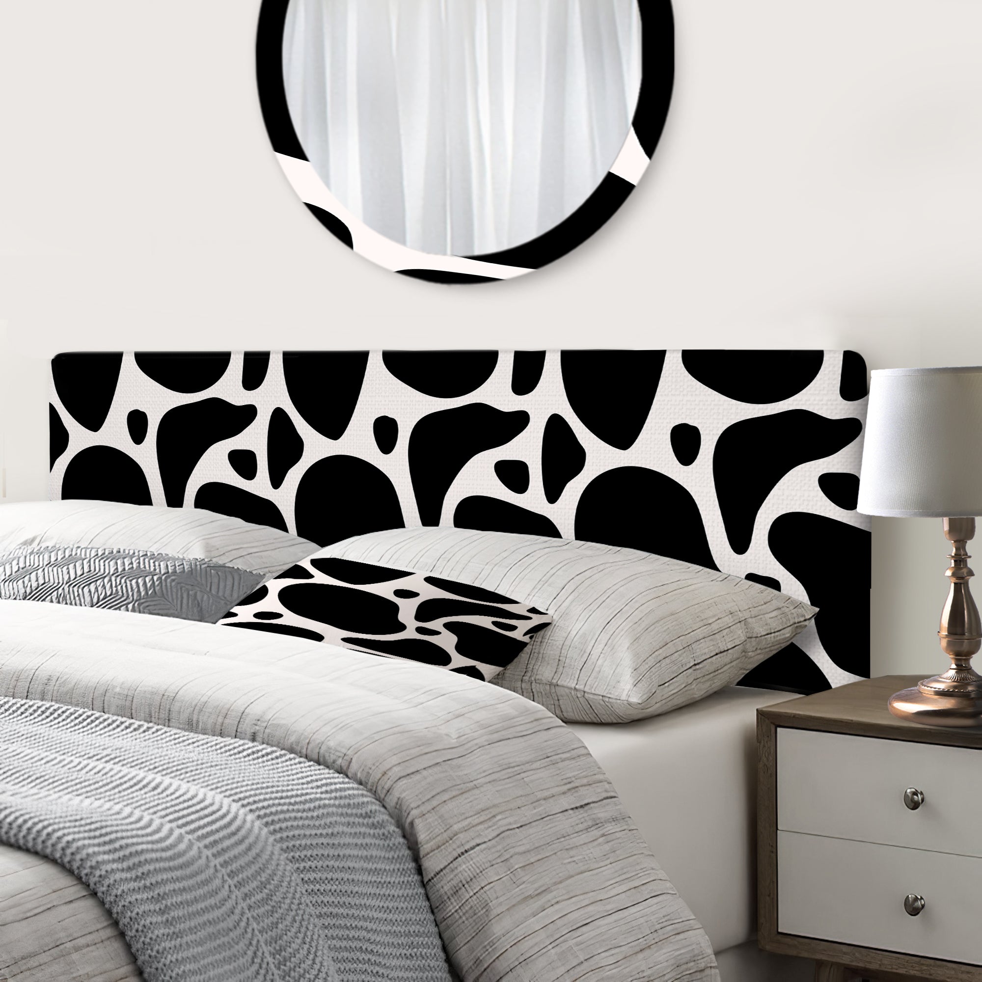 Black Organic Shapes On White upholstered headboard
