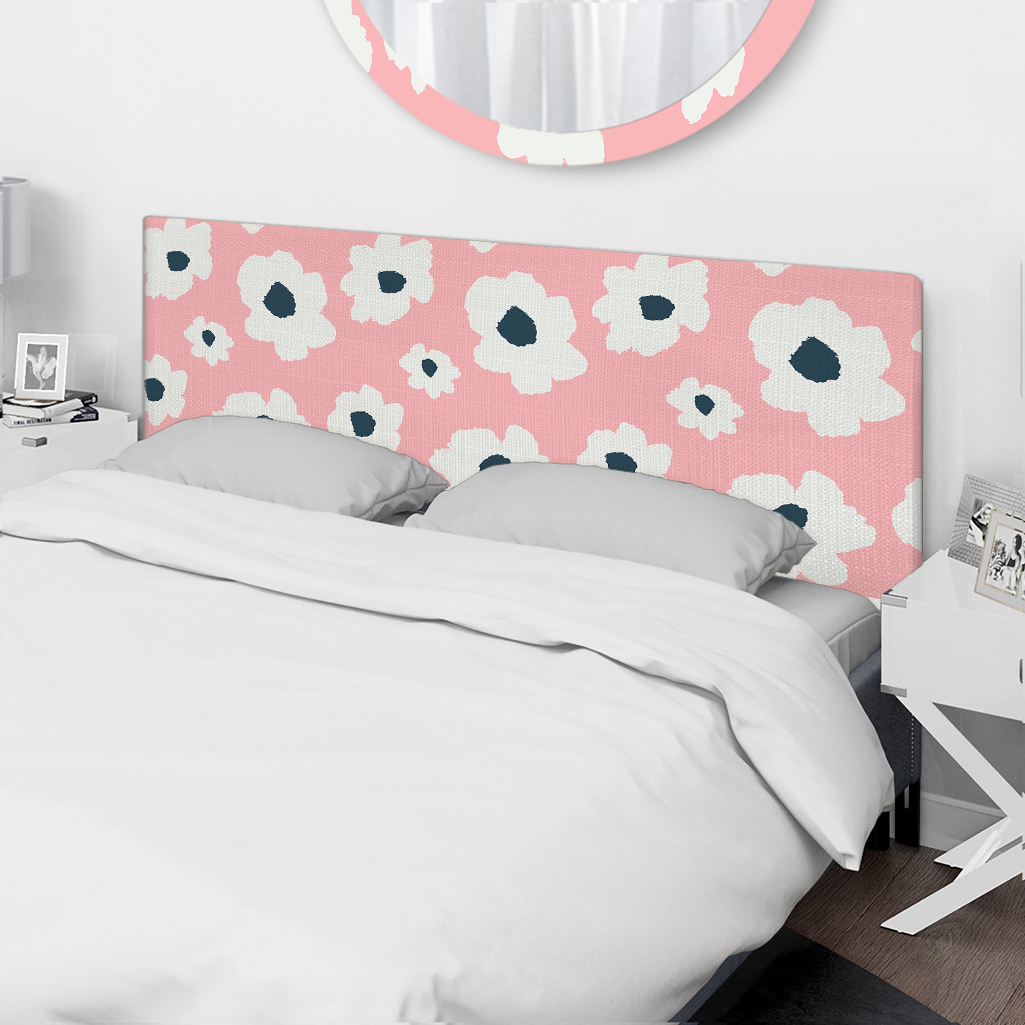 White Retro Flowers On Pink upholstered headboard