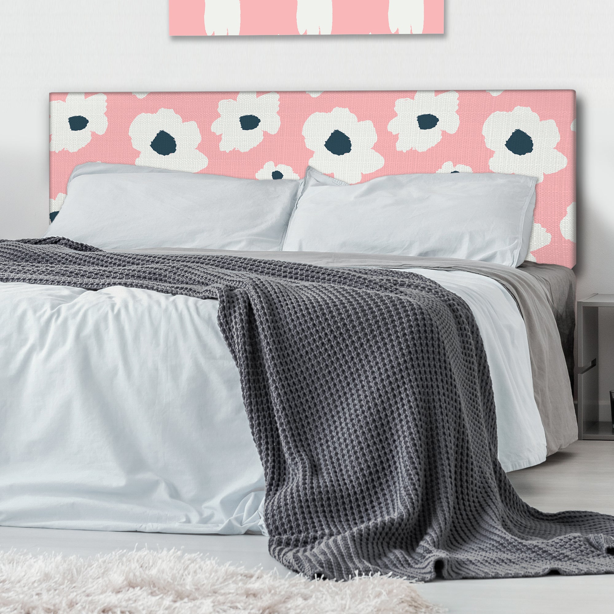 White Retro Flowers On Pink upholstered headboard