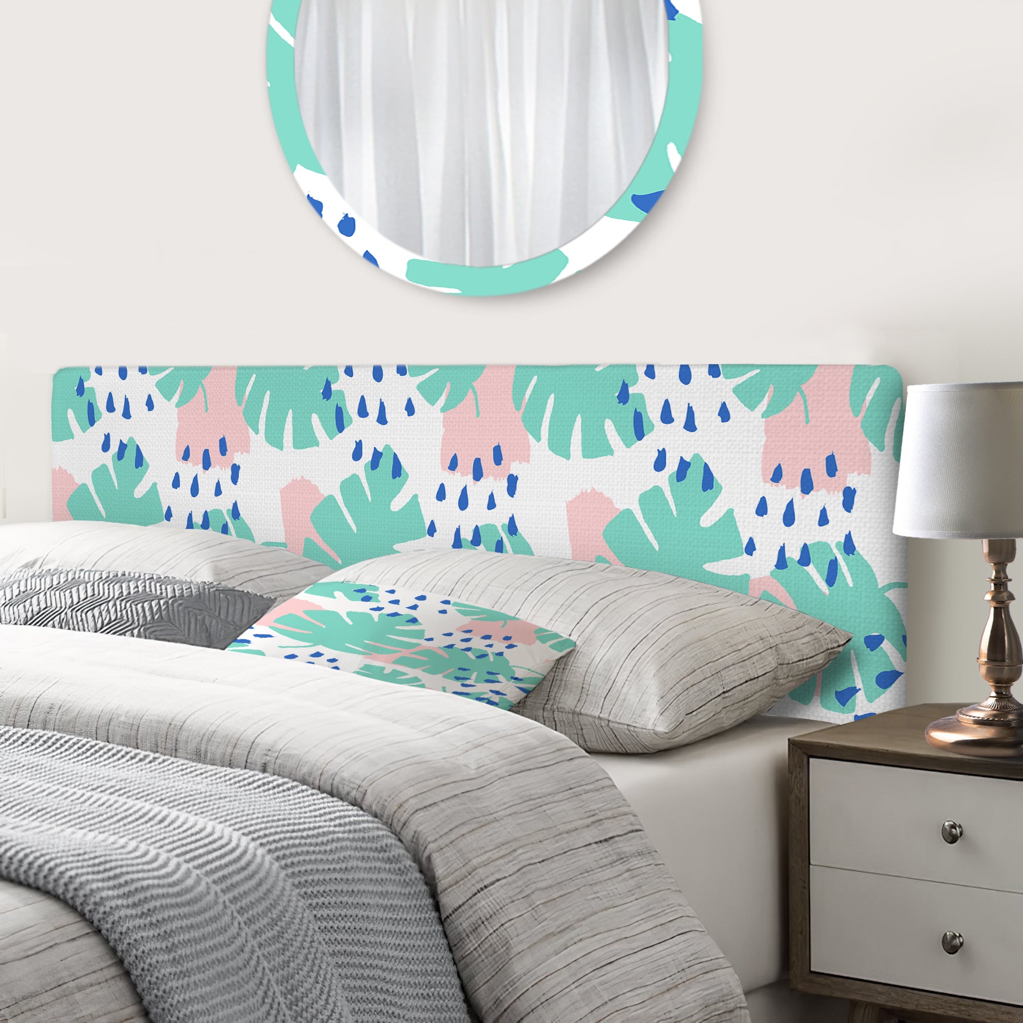 Pink And Green Pastel Leaves upholstered headboard