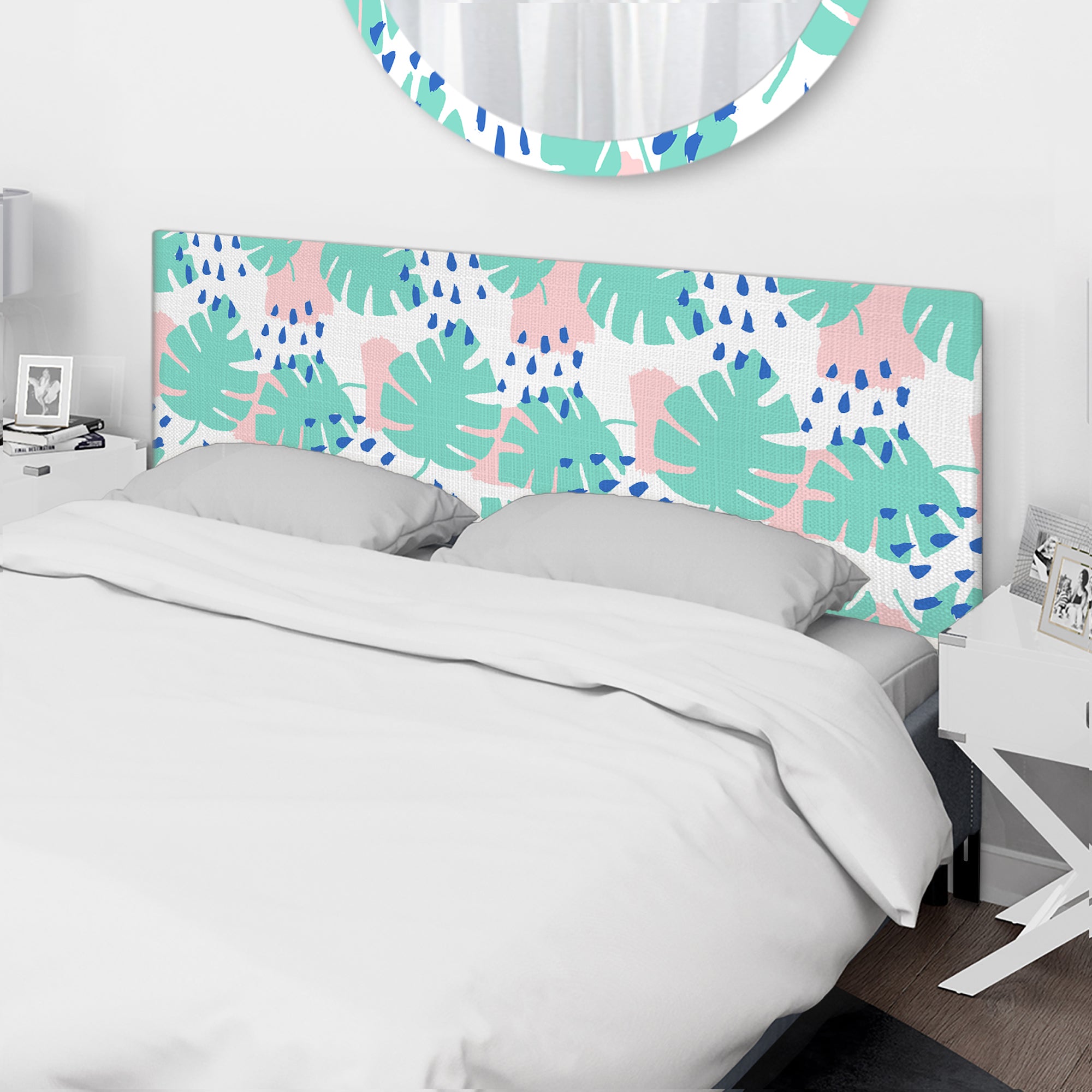 Pink And Green Pastel Leaves upholstered headboard
