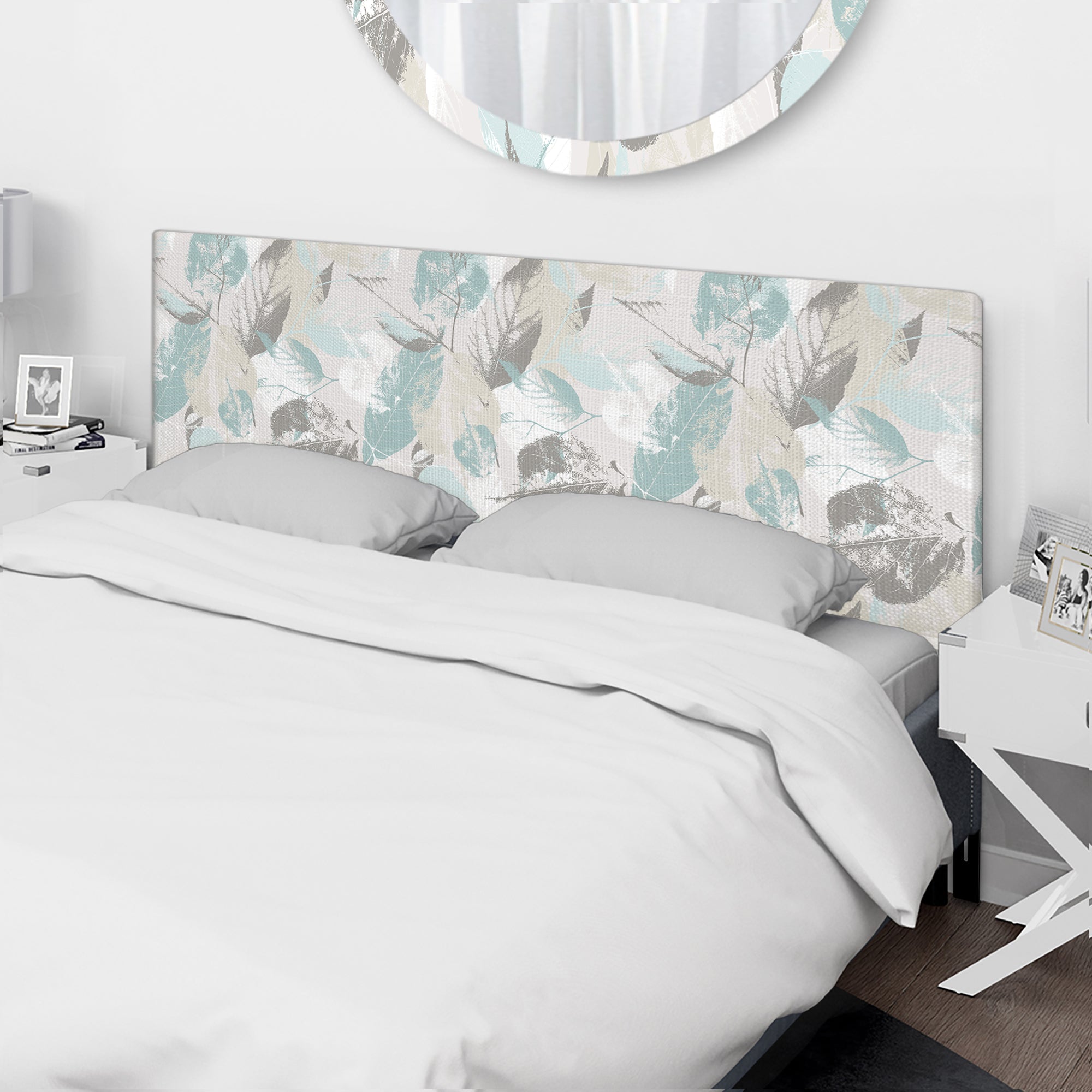 Gray And Blue Pastel Flowers And Leaves upholstered headboard