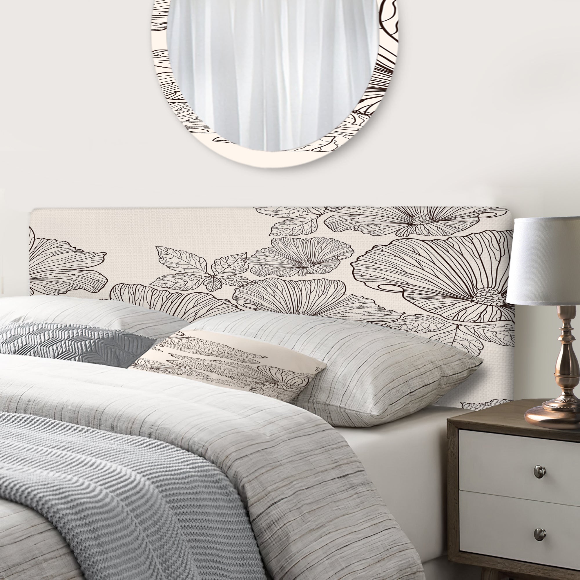 Monochrome Flowers And Leaves upholstered headboard