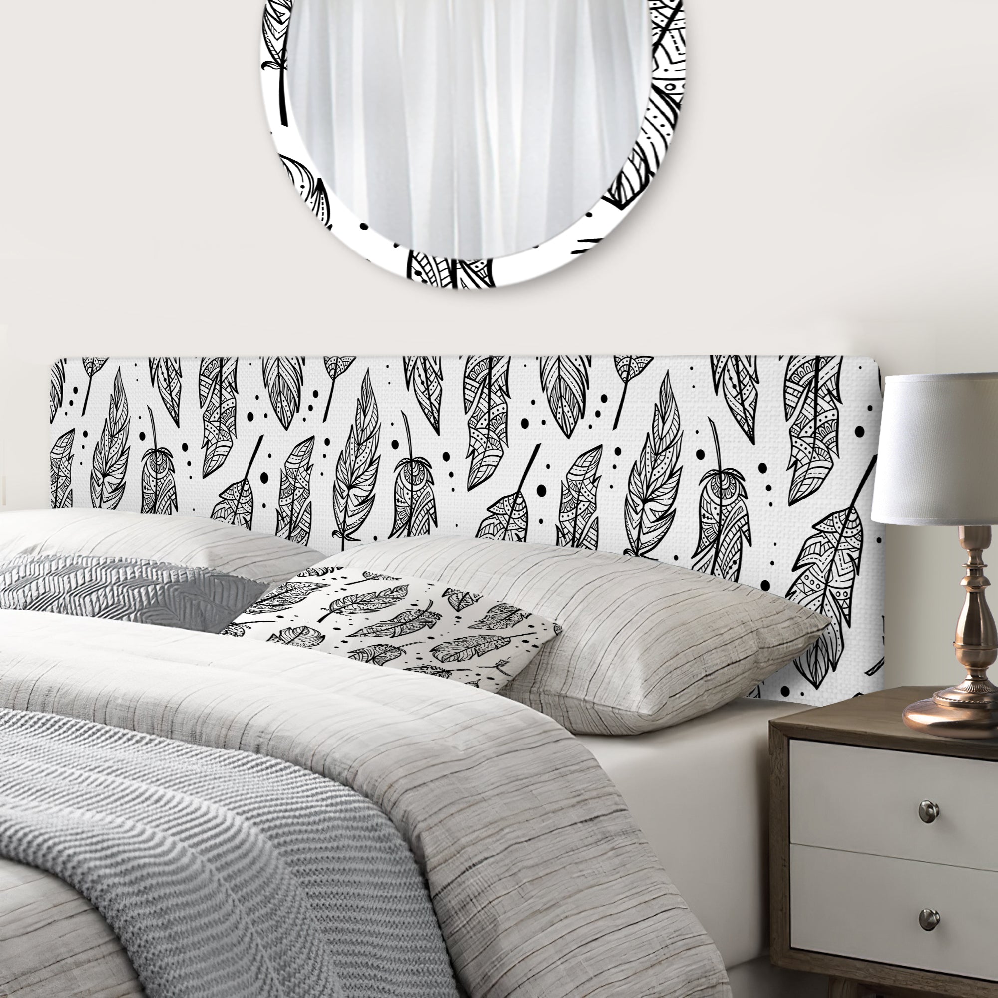 Black Boho Feathers On White upholstered headboard