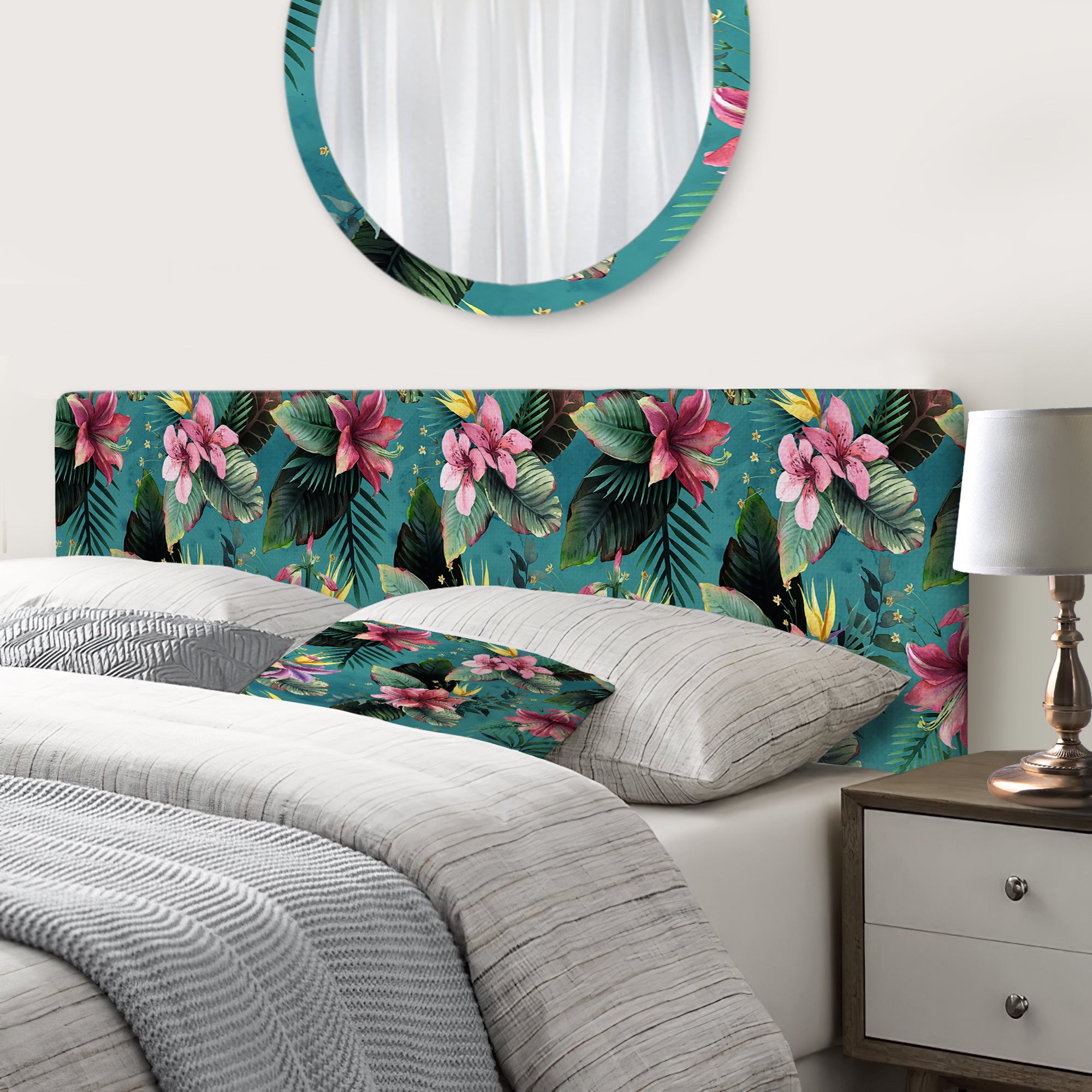Pink Tropical Flowers On Teal upholstered headboard