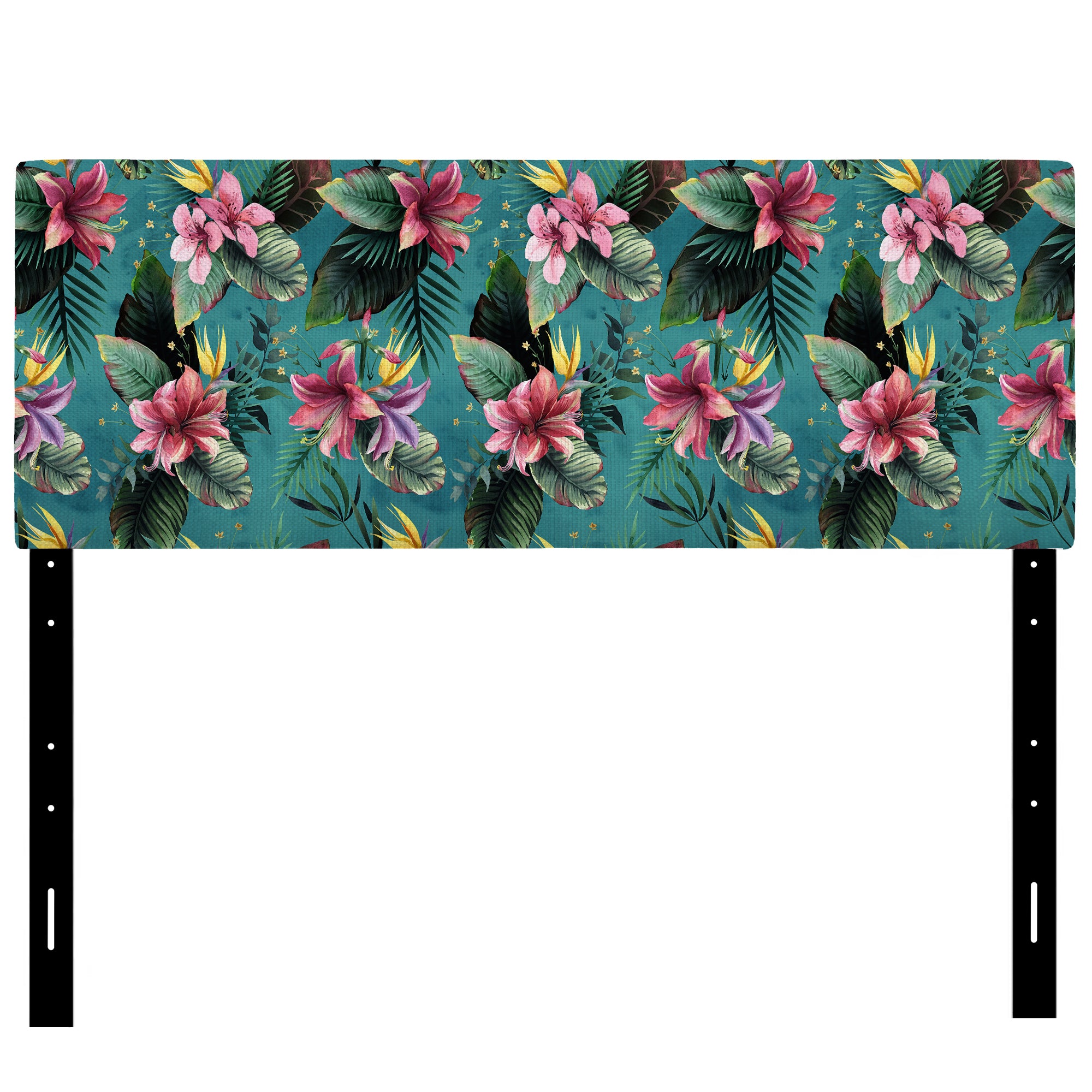 Pink Tropical Flowers On Teal upholstered headboard