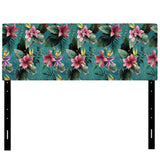 Pink Tropical Flowers On Teal upholstered headboard
