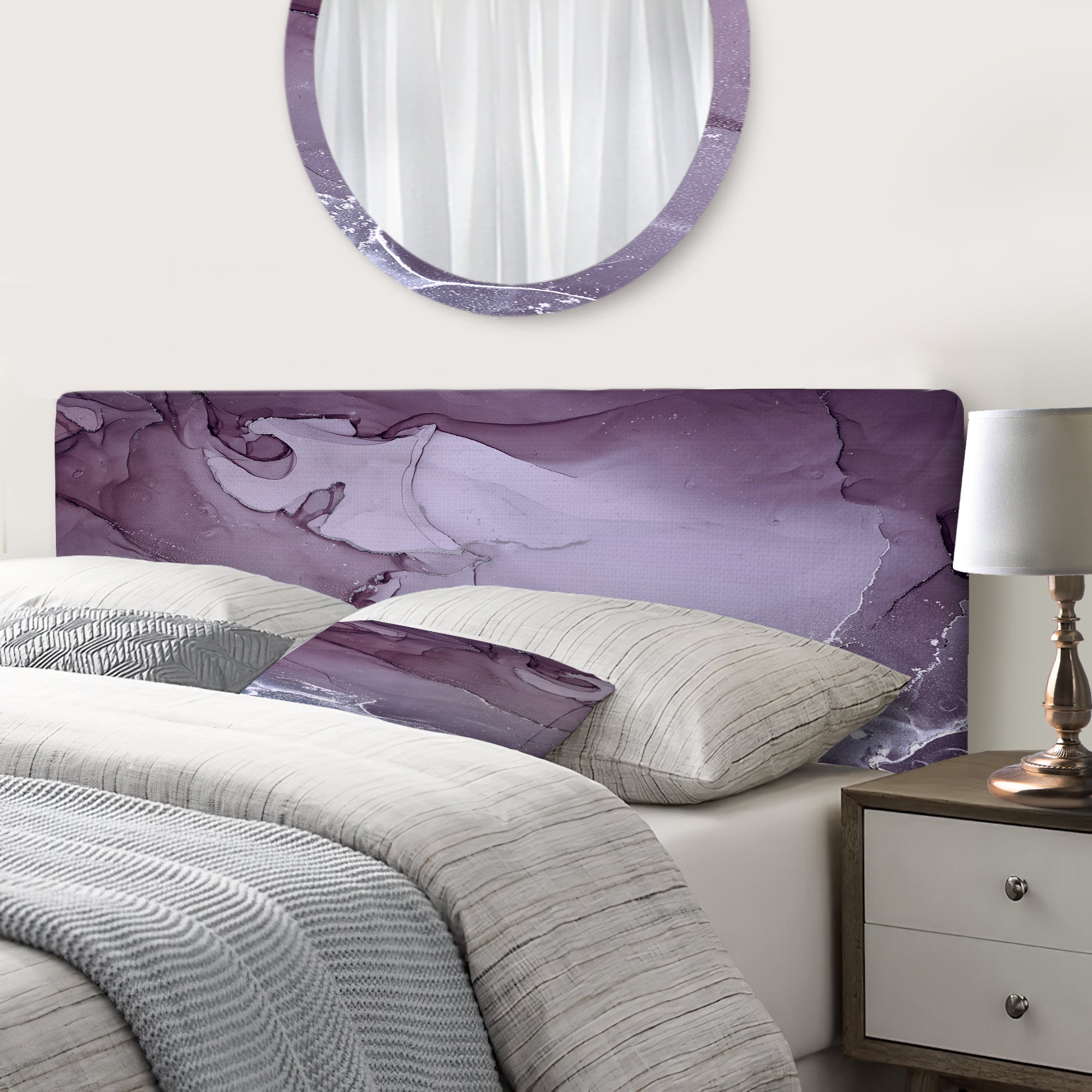 Purple And Grey Marble Ink Clouds I upholstered headboard