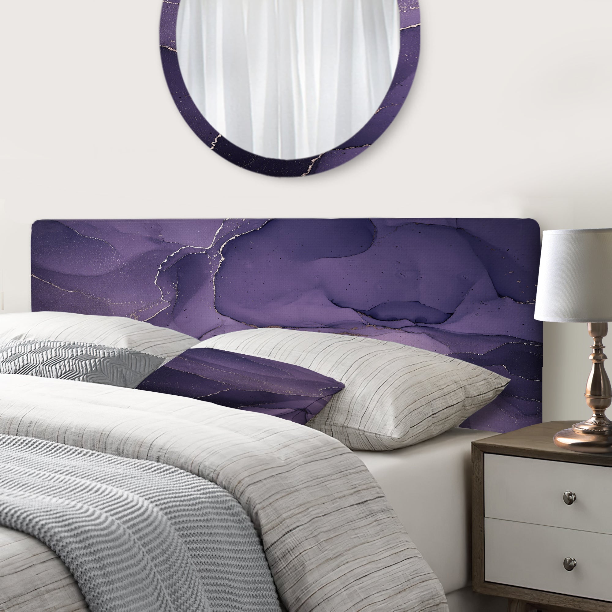 Purple And Grey Marble Ink Clouds II upholstered headboard