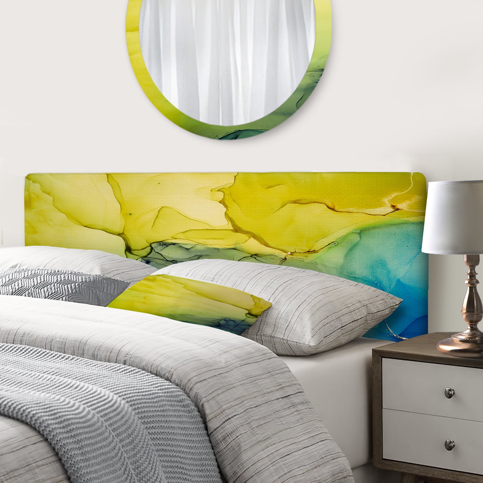 Yellow And Blue Marble Waves II upholstered headboard