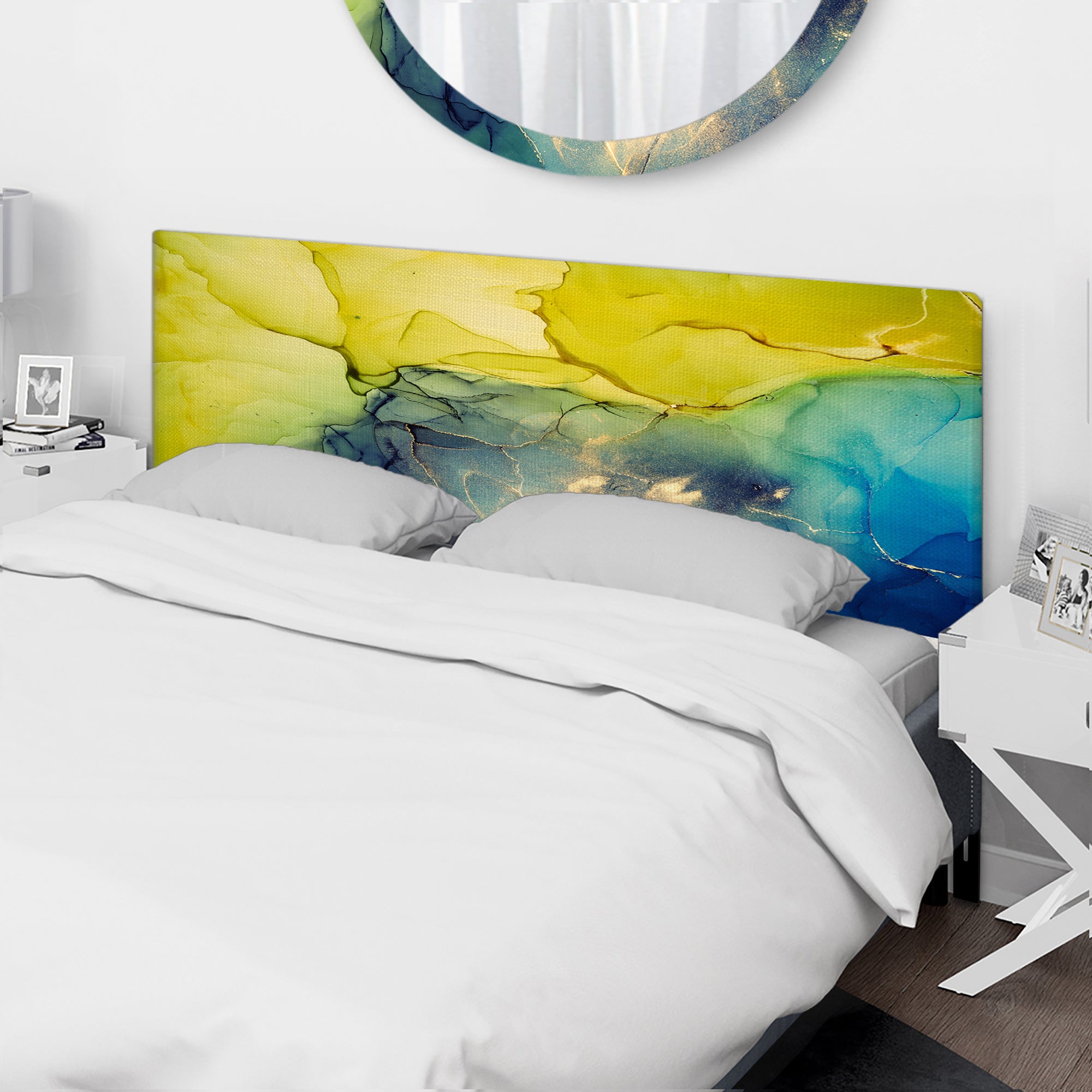 Yellow And Blue Marble Waves II upholstered headboard