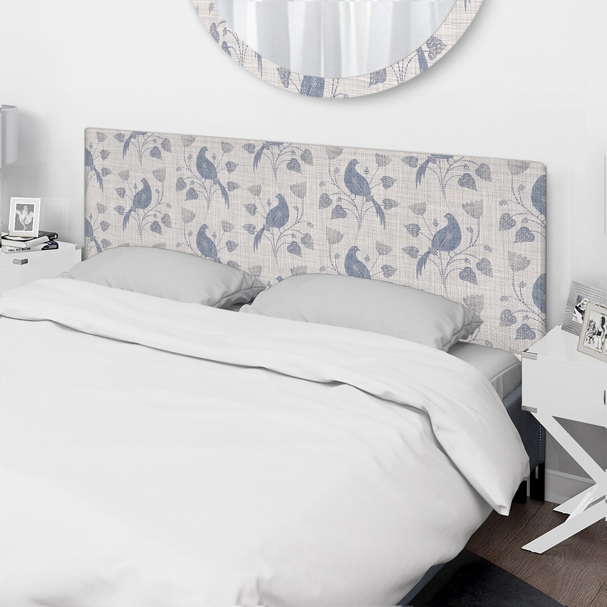 Vintage Blue Farmhouse Flower II upholstered headboard