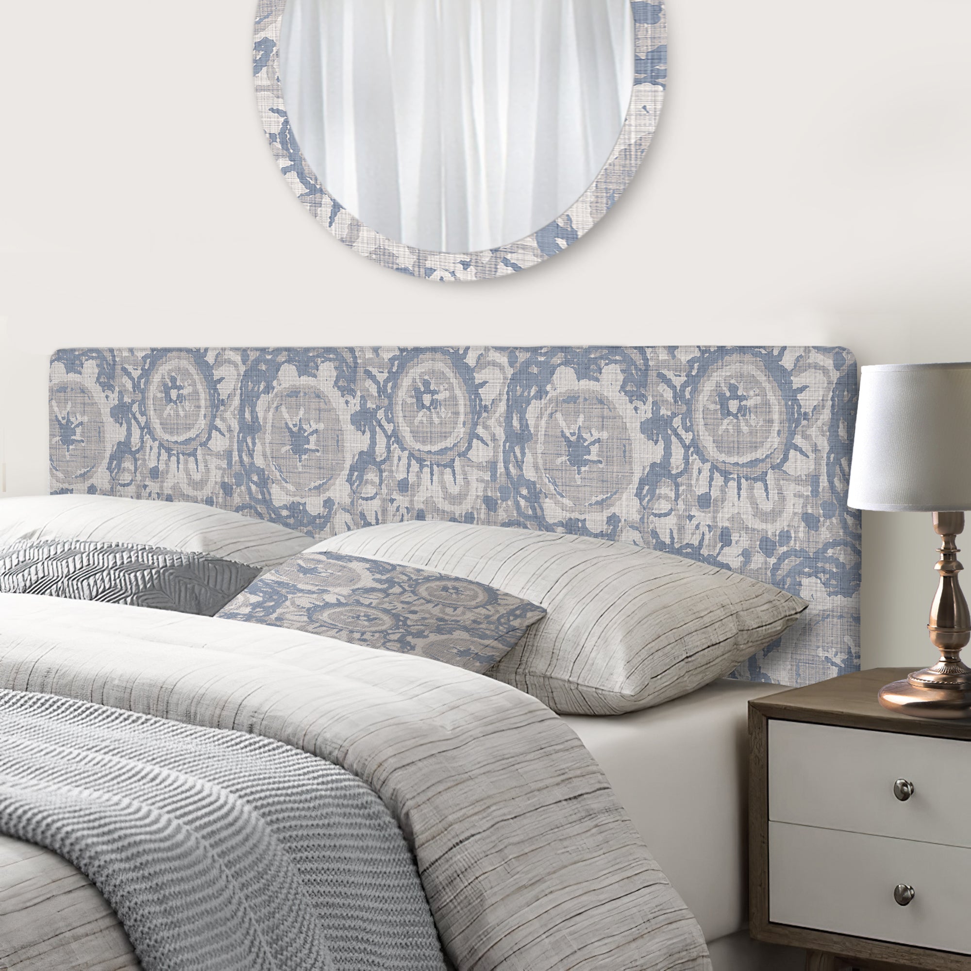 Vintage Blue Farmhouse Flower III upholstered headboard