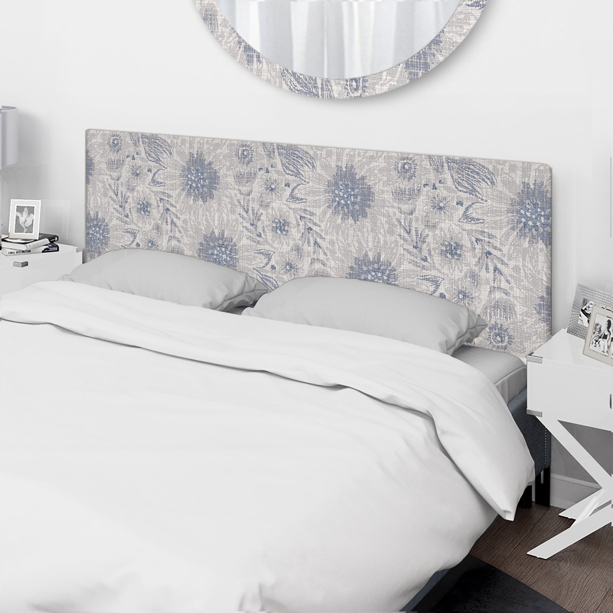 Vintage Blue Farmhouse Flower V upholstered headboard