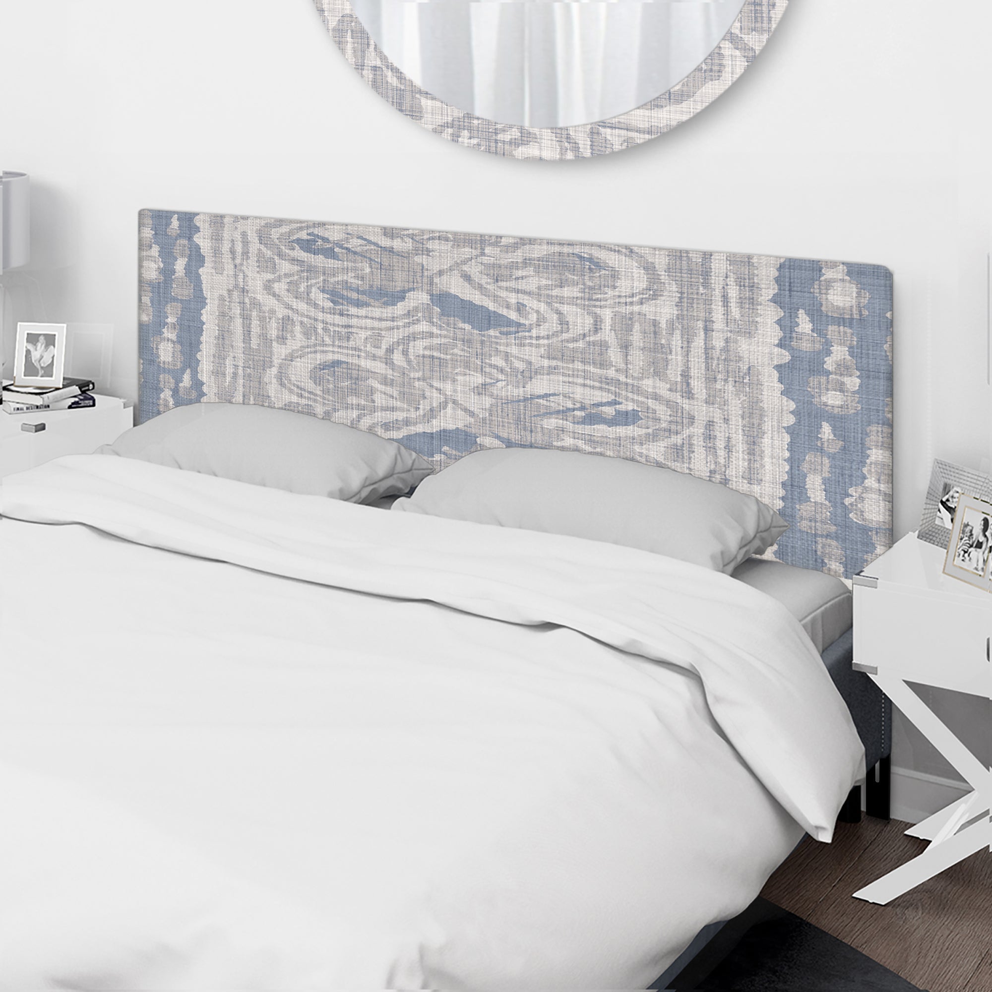 Vintage Blue Farmhouse Flower VII upholstered headboard