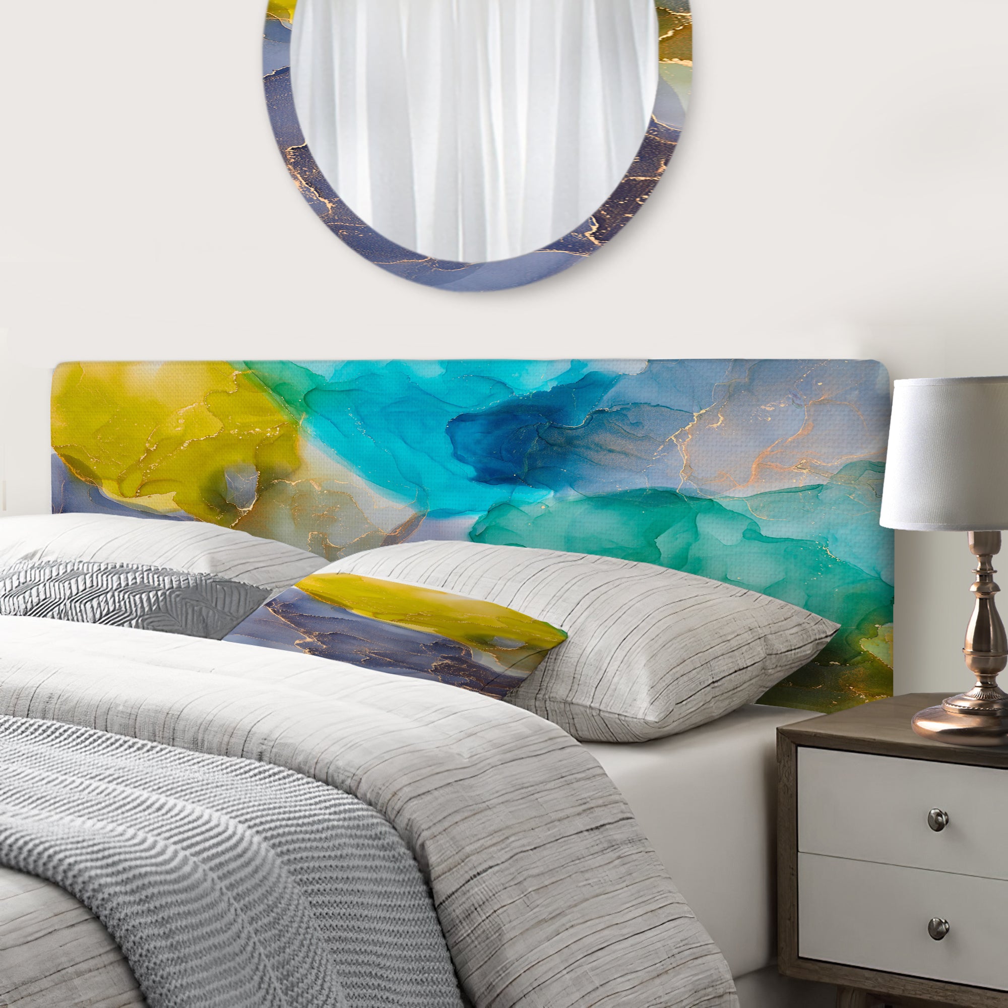 Turquoise And Yellow Luxury Abstract Fluid Art upholstered headboard