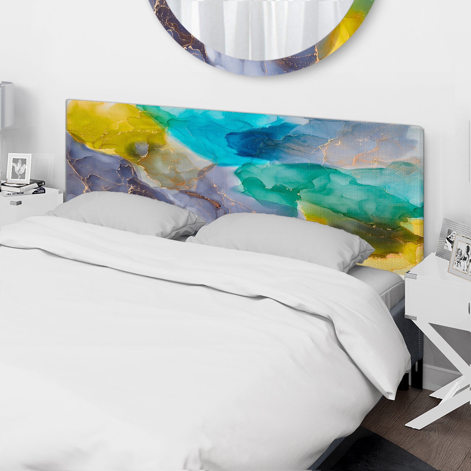 Turquoise And Yellow Luxury Abstract Fluid Art upholstered headboard
