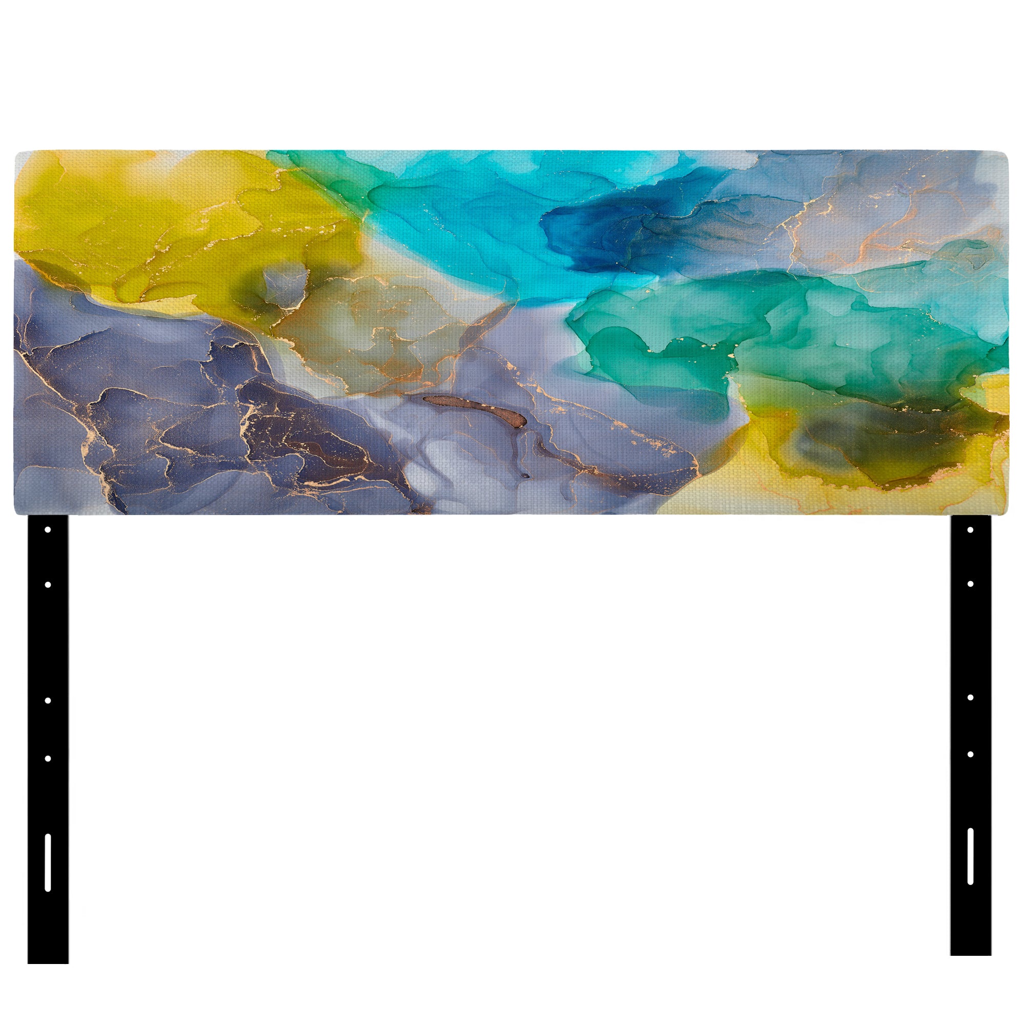 Turquoise And Yellow Luxury Abstract Fluid Art upholstered headboard