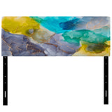 Turquoise And Yellow Luxury Abstract Fluid Art upholstered headboard