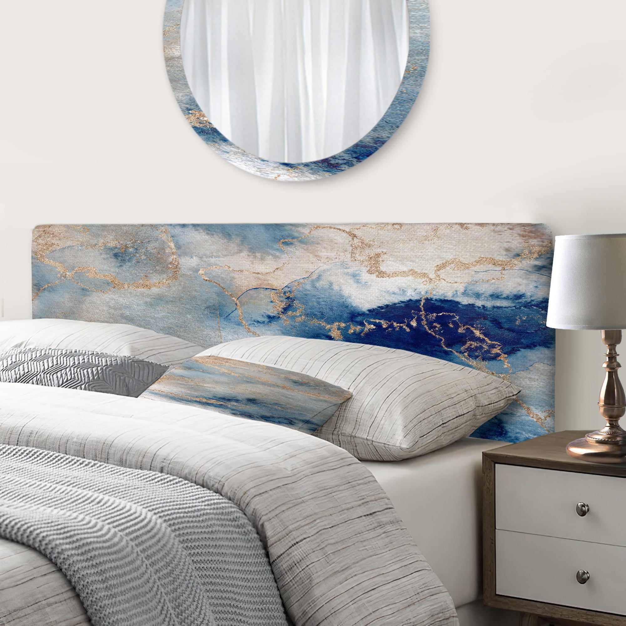 Blue And Gold Marble Clouds III upholstered headboard