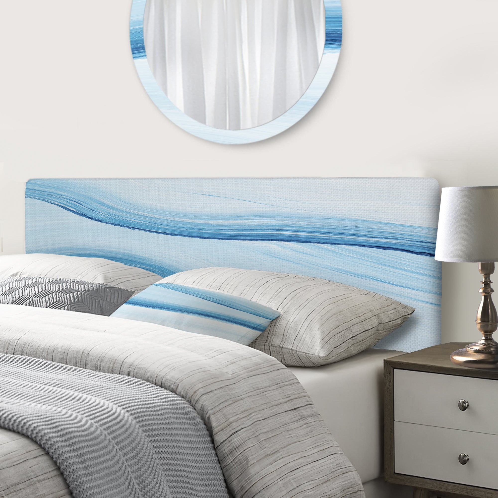 Liquid Ink Art In Shades Of Light Blue V upholstered headboard