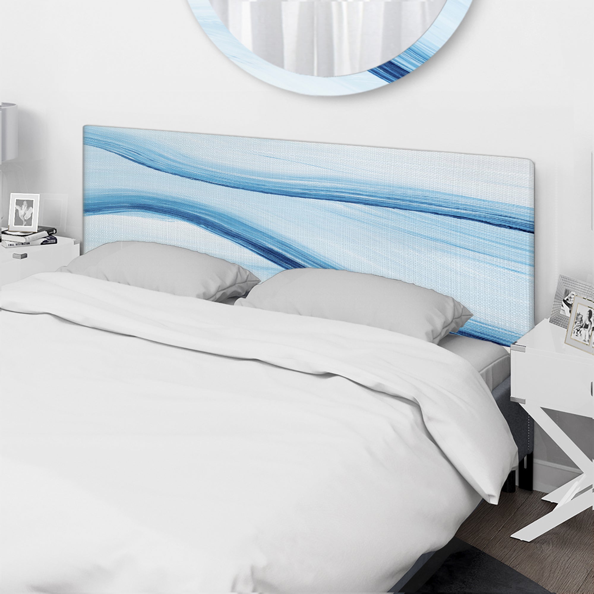 Liquid Ink Art In Shades Of Light Blue V upholstered headboard