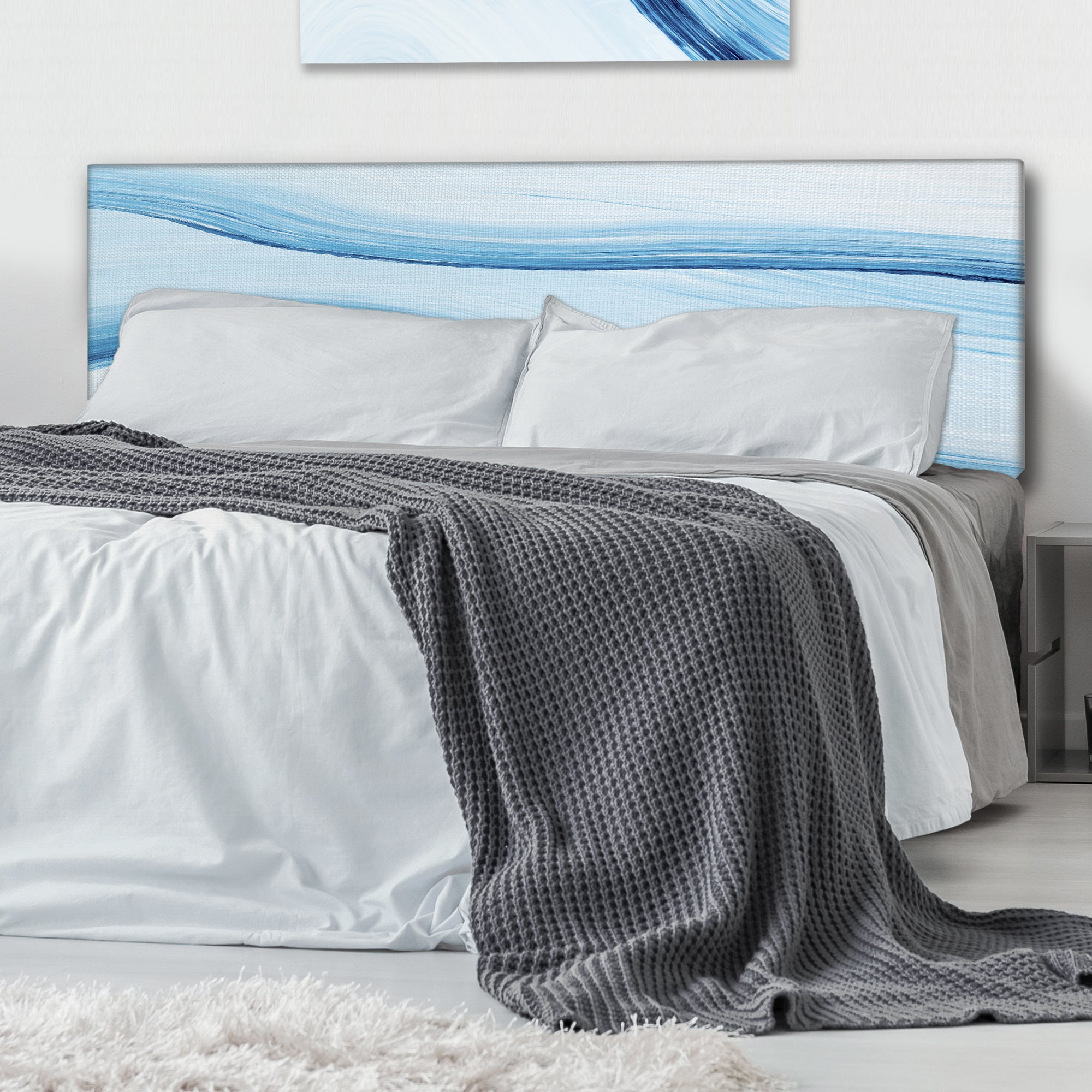 Liquid Ink Art In Shades Of Light Blue V upholstered headboard