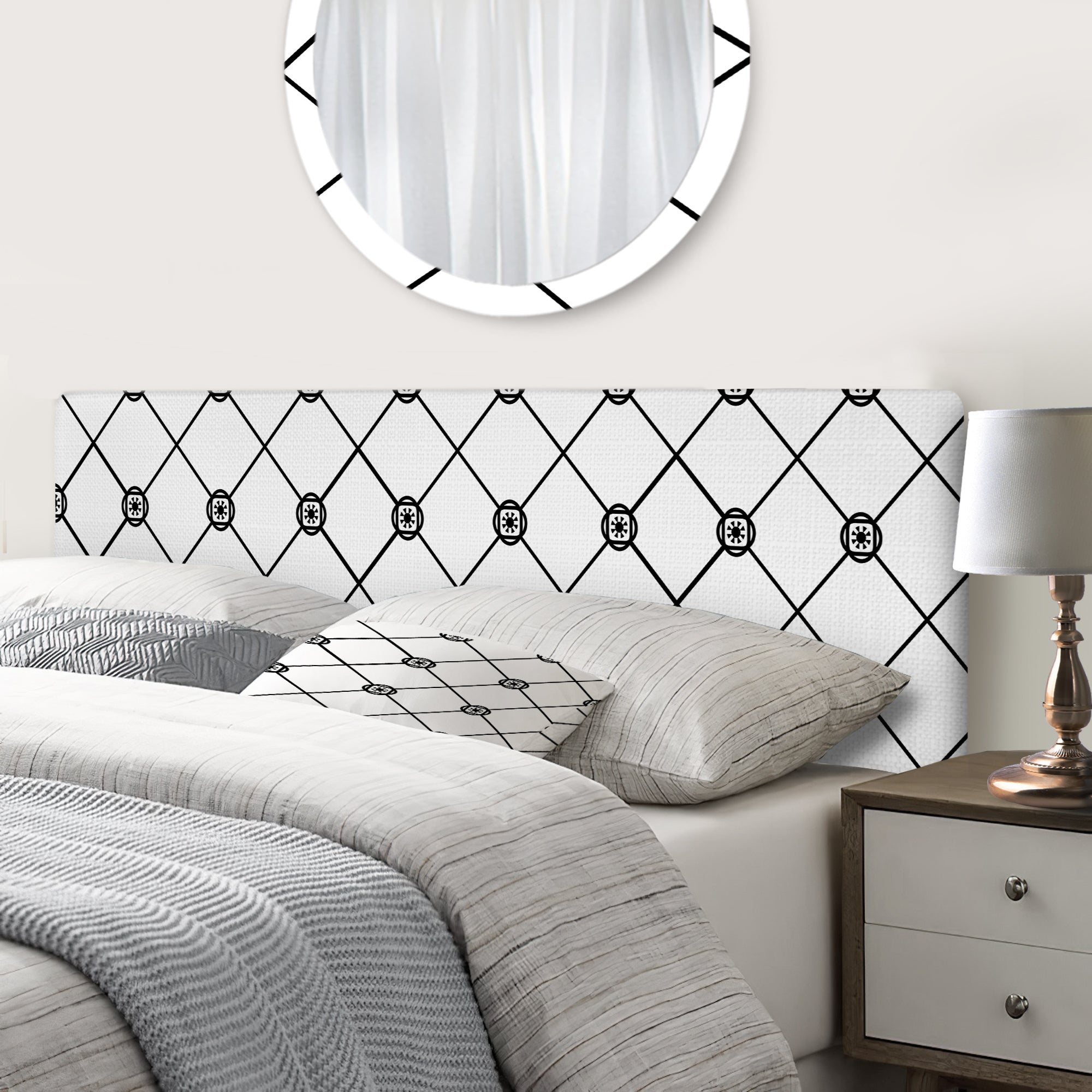 Geometric Diamond Tiles Black And White upholstered headboard
