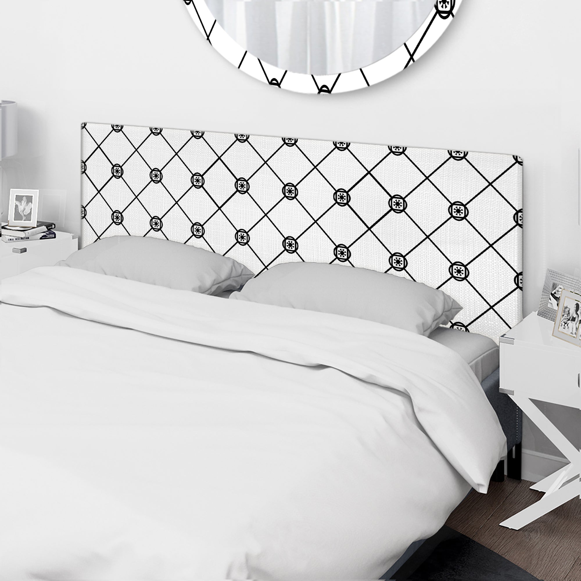 Geometric Diamond Tiles Black And White upholstered headboard