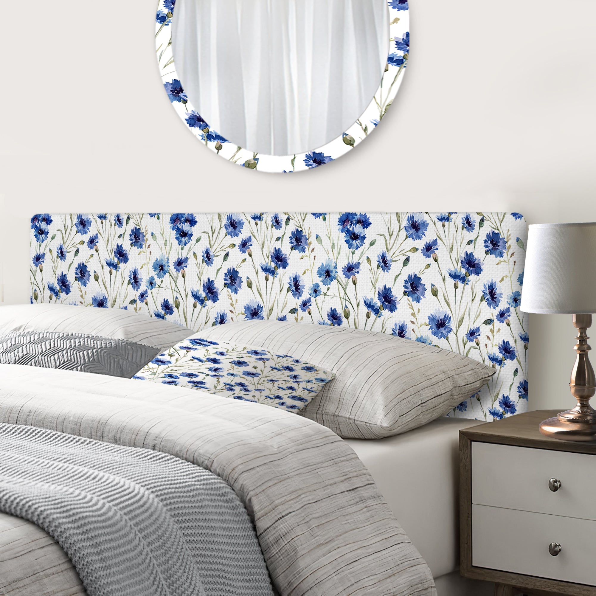 Blue Flowers On White upholstered headboard