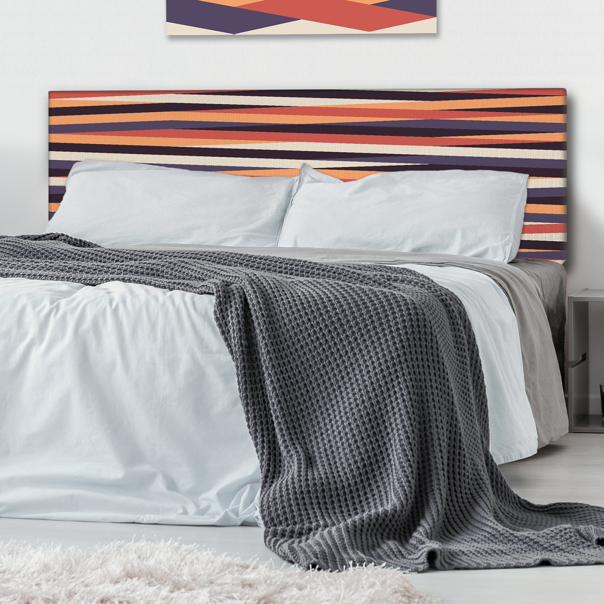 Retro Grey And Orange Strioed Geometrics upholstered headboard