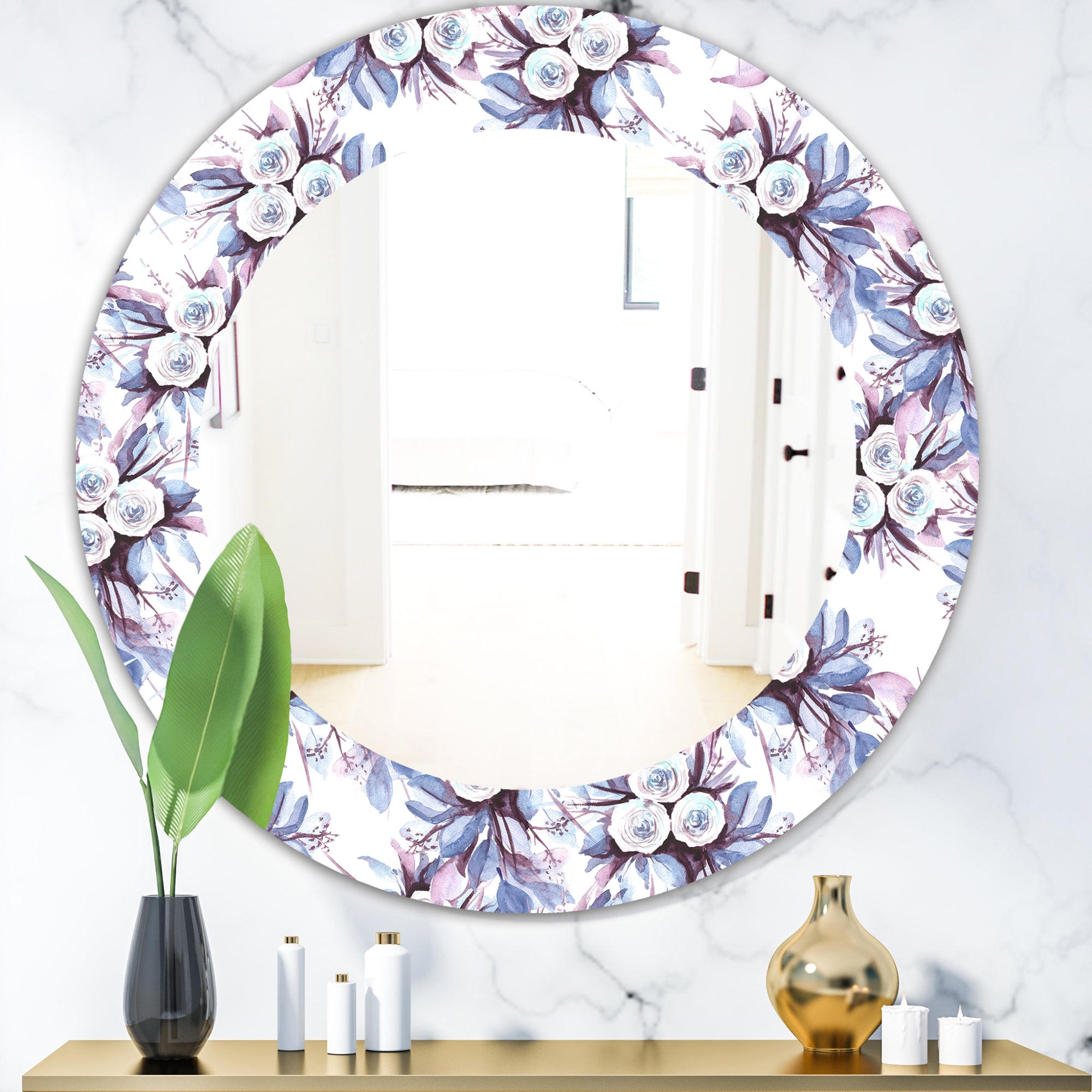 Designart 'Purple Bloom 1' Traditional Mirror - Oval or Round Bathroom Mirror
