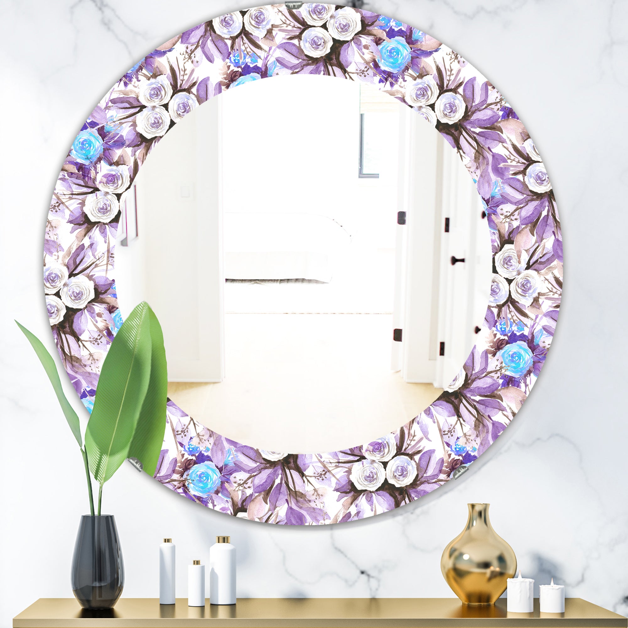 Designart 'Purple Bloom 4' Traditional Mirror - Oval or Round Bathroom Mirror