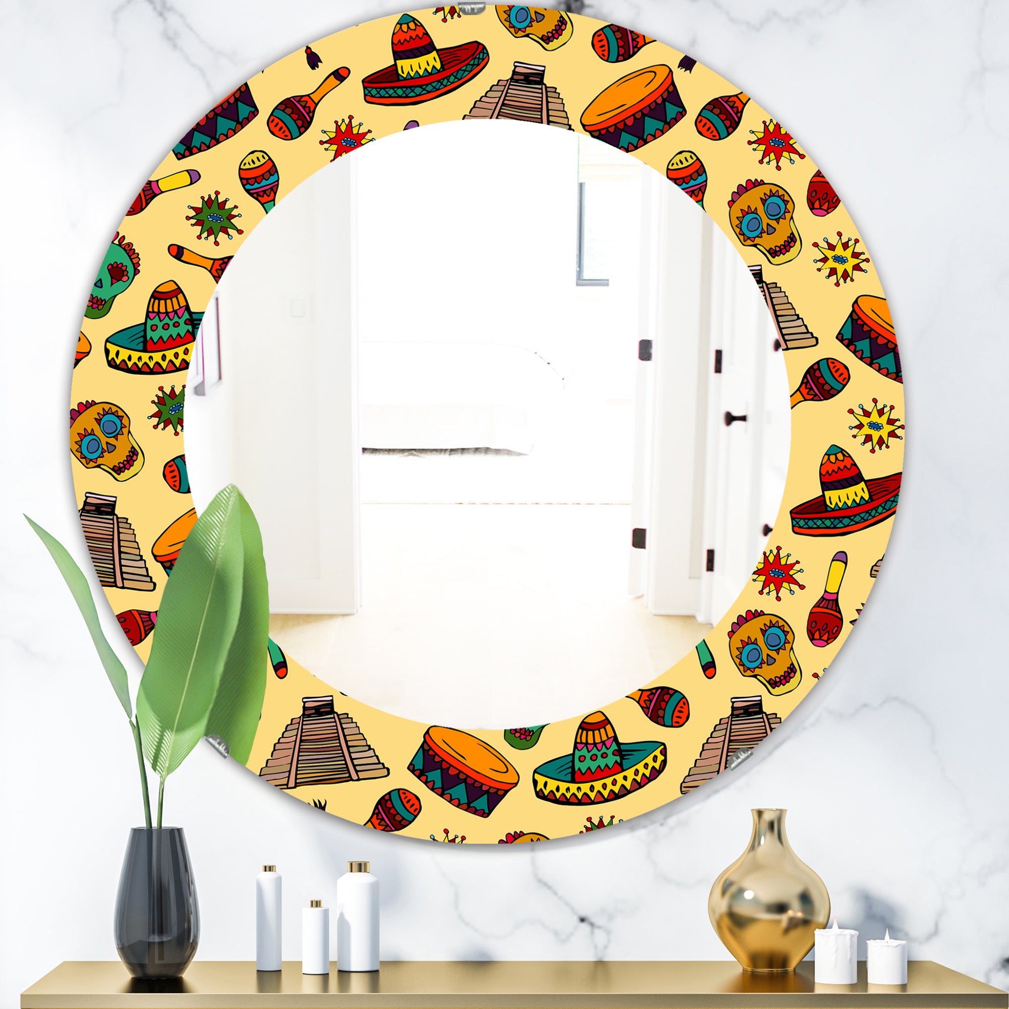 Designart 'Pattern With Mexican Symbols' Bohemian and Eclectic Mirror - Oval or Round Wall Mirror