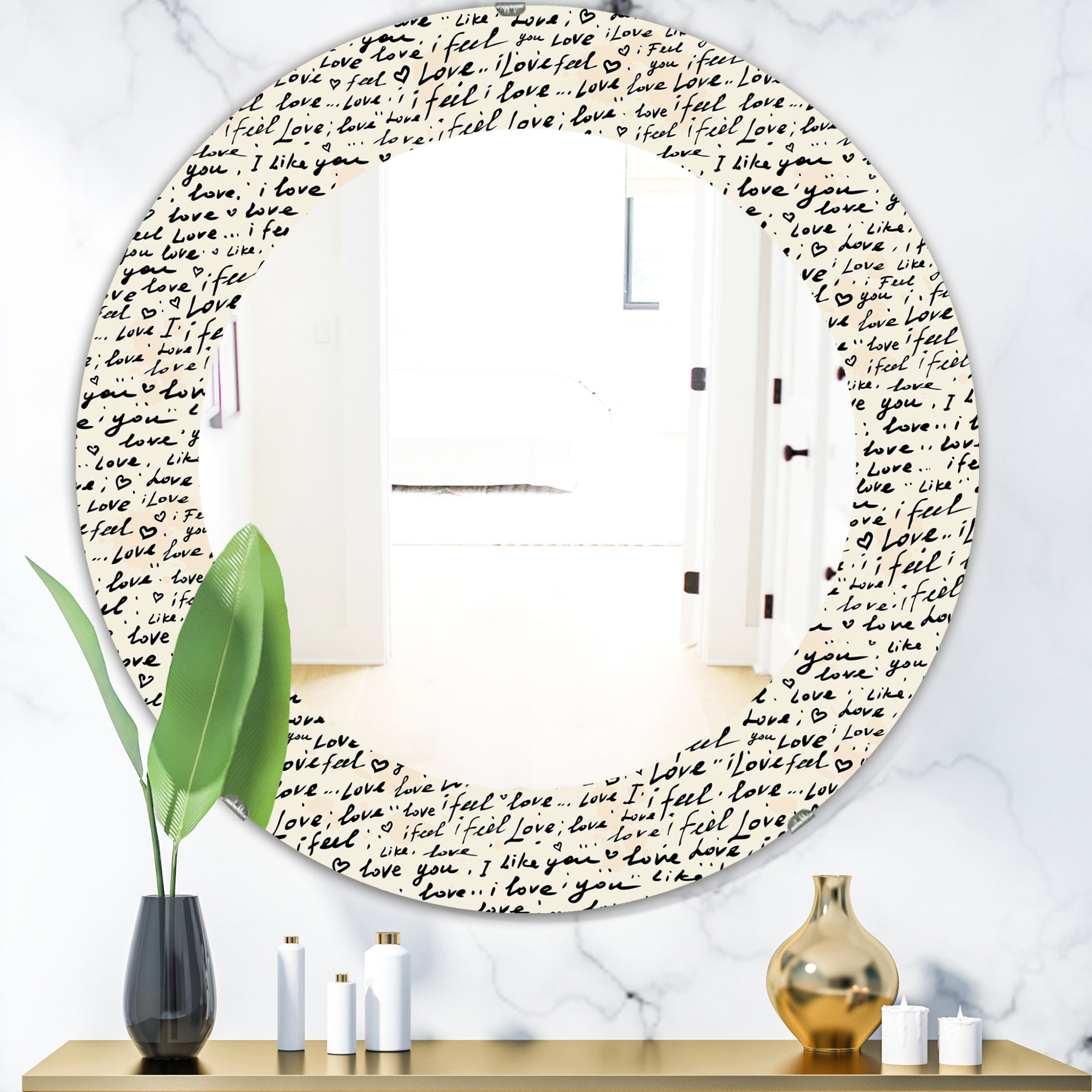 Designart 'I Feel Love Text Pattern' Bohemian and Eclectic Mirror - Oval or Round Wall Mirror