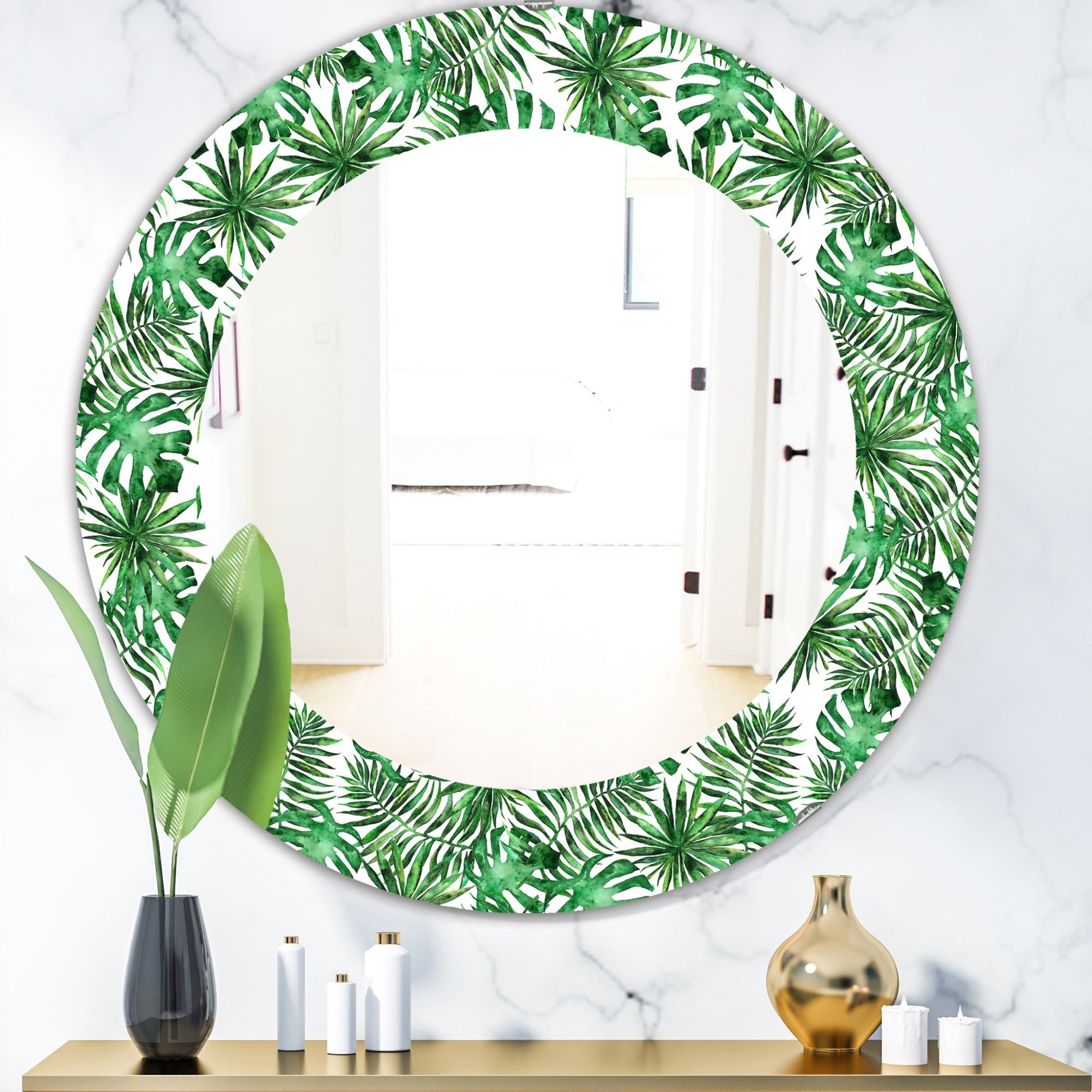 Designart 'Tropical Mood Foliage 8' Bohemian and Eclectic Mirror - Oval or Round Wall Mirror
