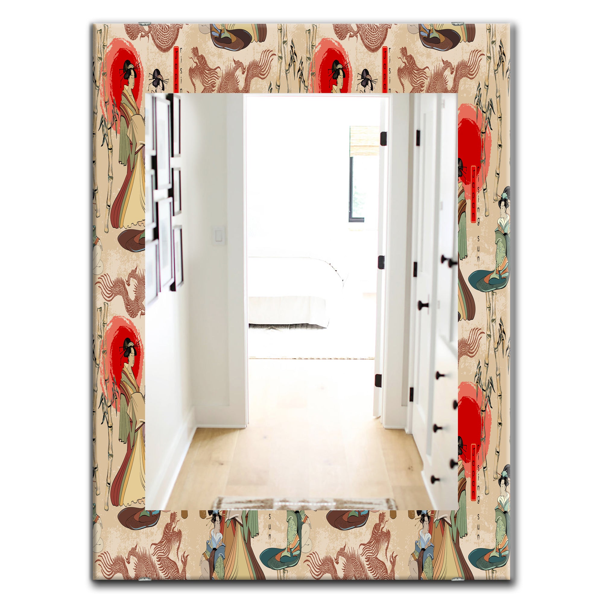 Designart 'Japanese Geishas and Dragons' Bohemian and Eclectic Mirror - Oval or Round Wall Mirror