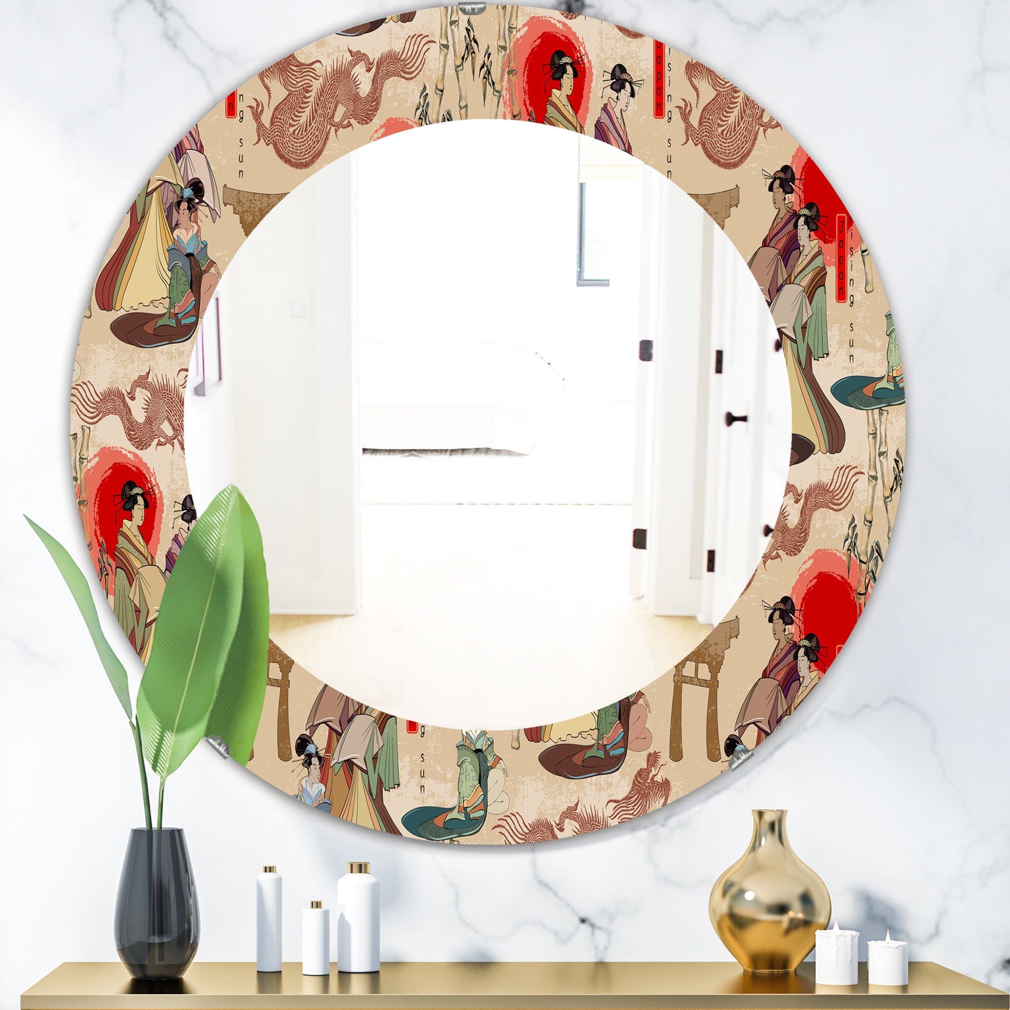 Designart 'Japanese Geishas and Dragons' Bohemian and Eclectic Mirror - Oval or Round Wall Mirror