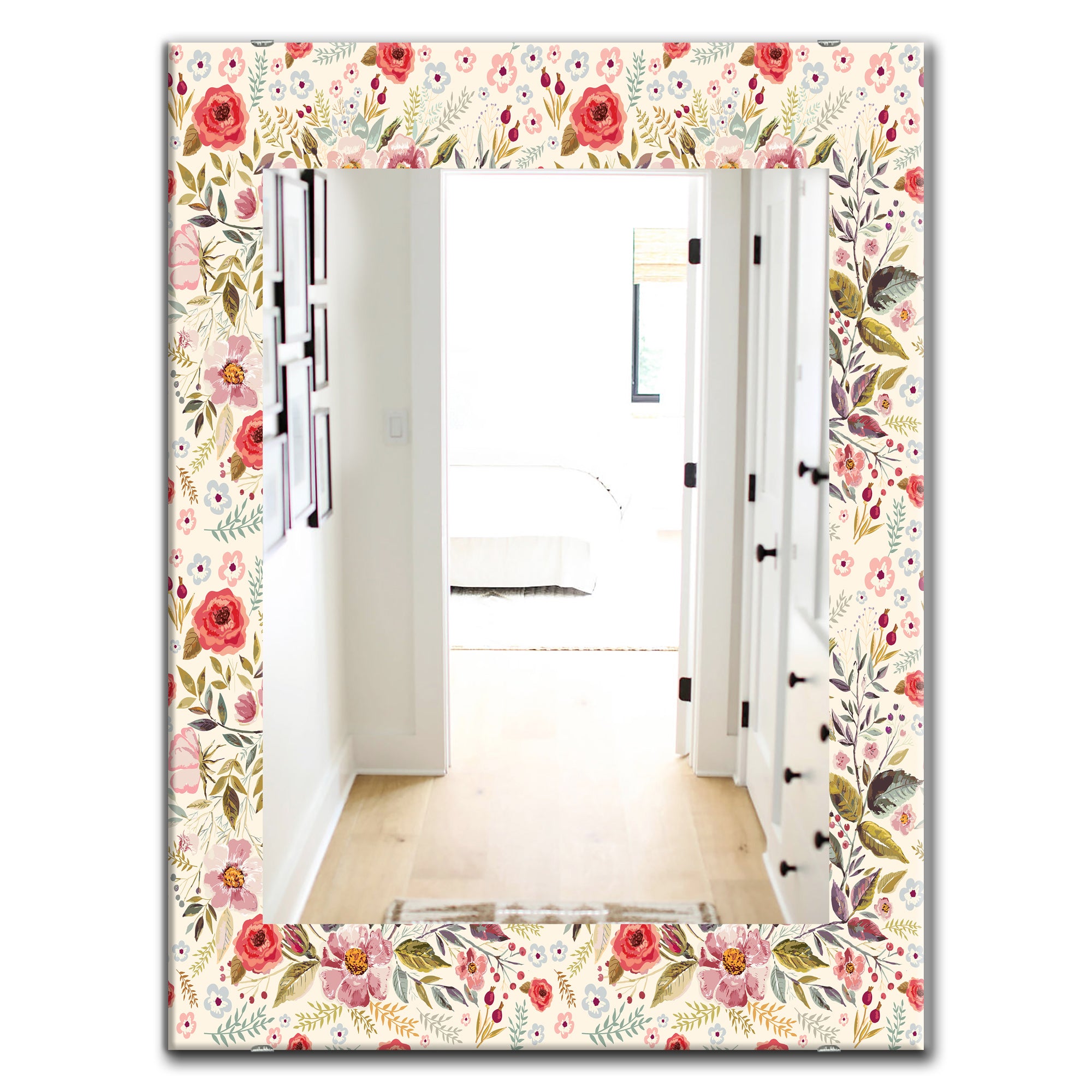 Designart 'Vintage Red Pink Flower and Leaves' Bohemian and Eclectic Mirror - Oval or Round Wall Mirror