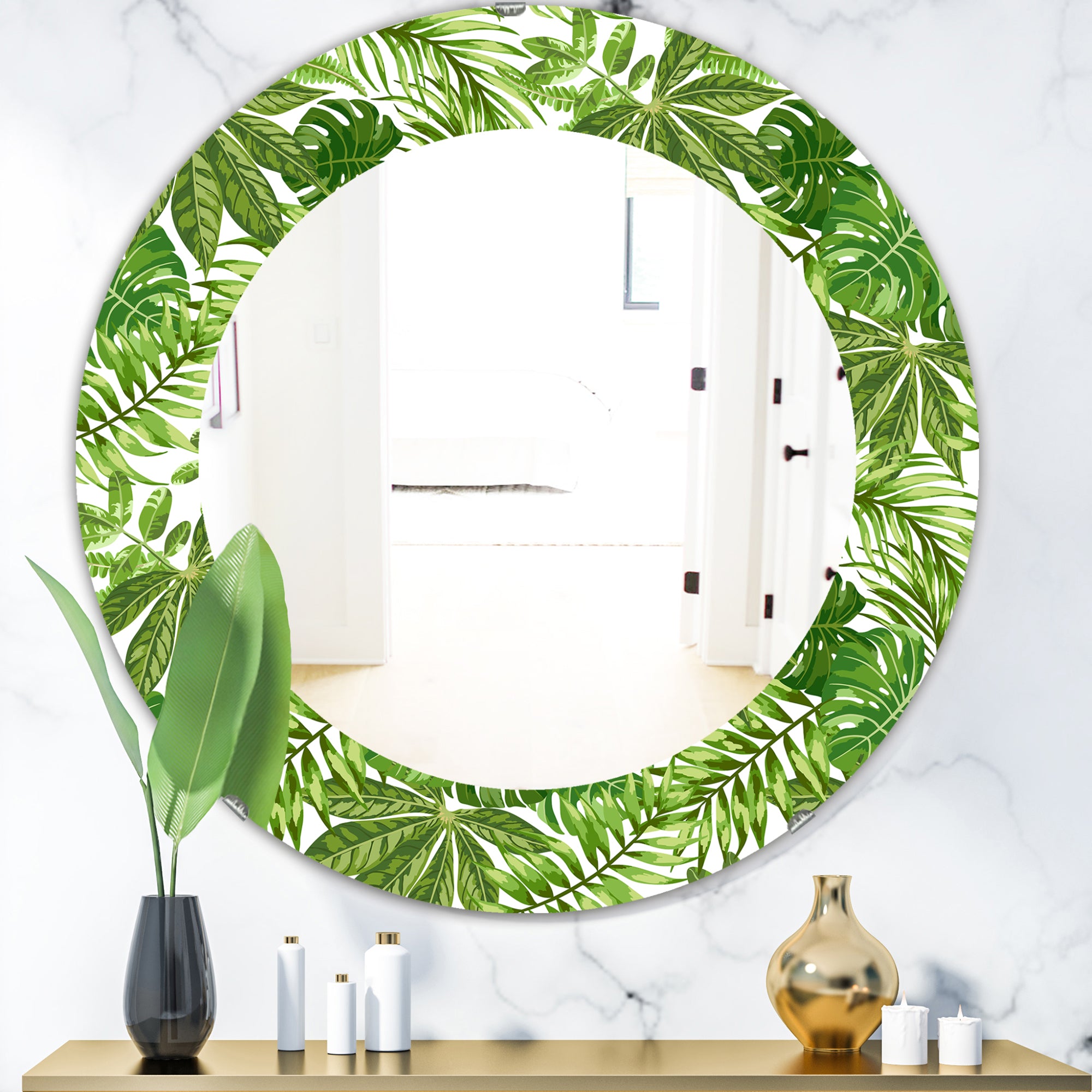 Designart 'Tropical Mood Foliage 19' Bohemian and Eclectic Mirror - Oval or Round Wall Mirror