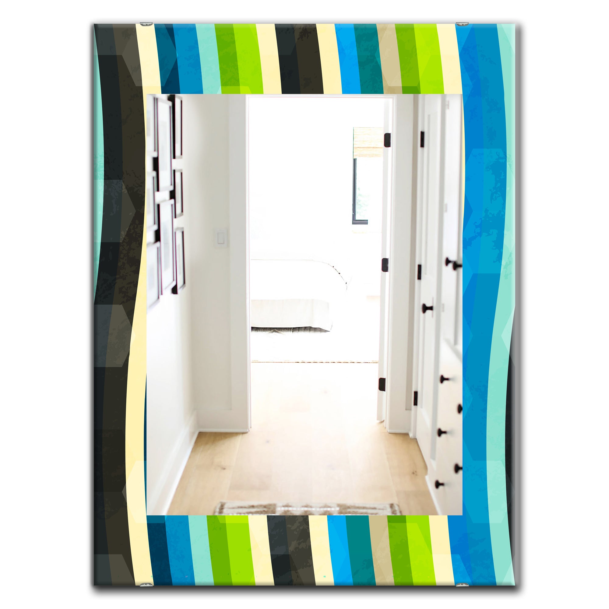 Designart 'Blue, Yellow, Blue, Green and Black Colored Curves' Modern Mirror - Oval or Round Wall Mirror